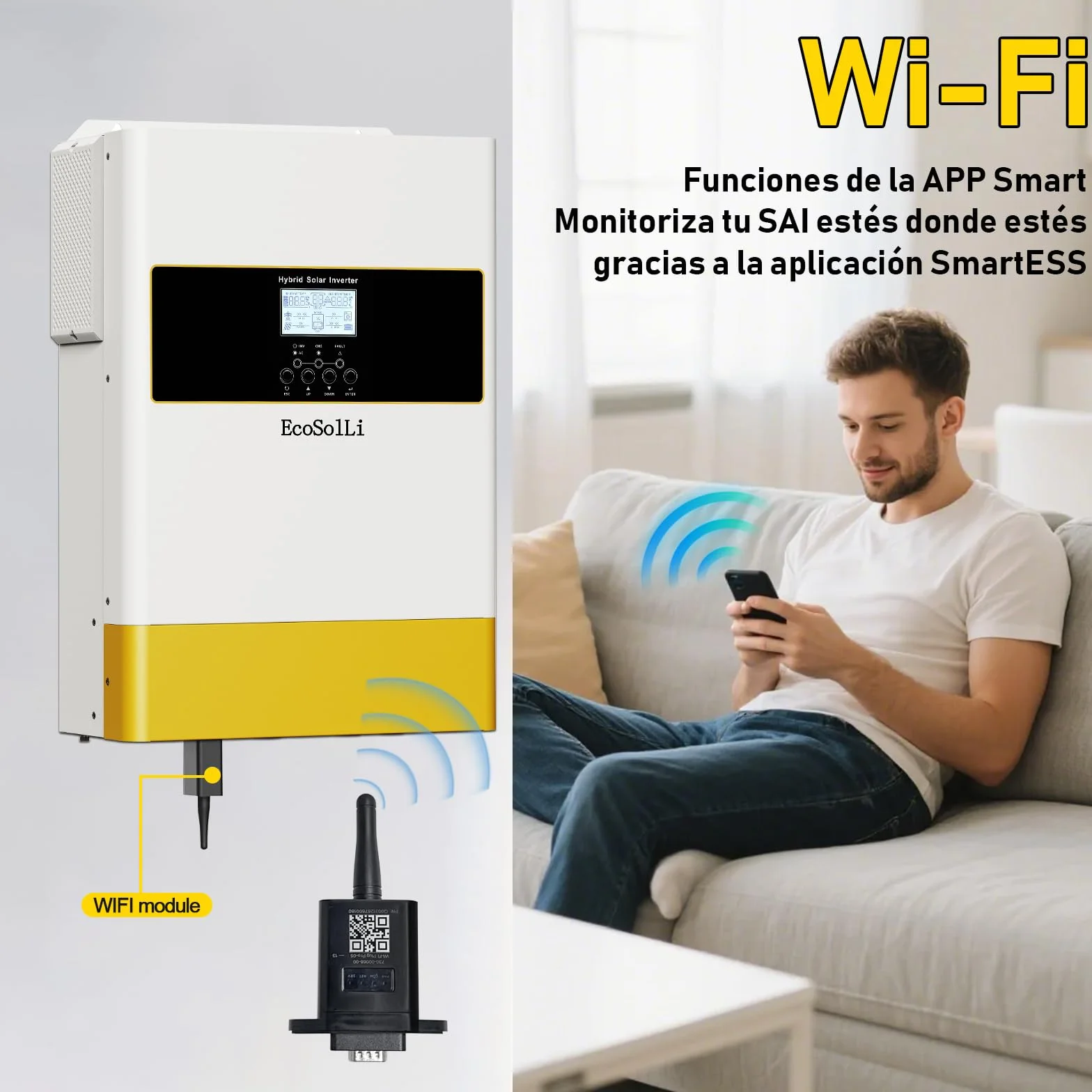 6200W Inversor híbrido 48V a 230v 220v, Funciona sin batería, función Paralelo, Onda Pura Off-Grid, 120A MPPT, admite baterías de Plomo-ácido y Litio, BMS, con módulo WiFi