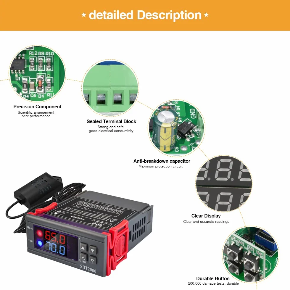 Regulador de temperatura digital SHT2000 AC 110V-230V termostato con sonda de calefacción refrigeración humidificación