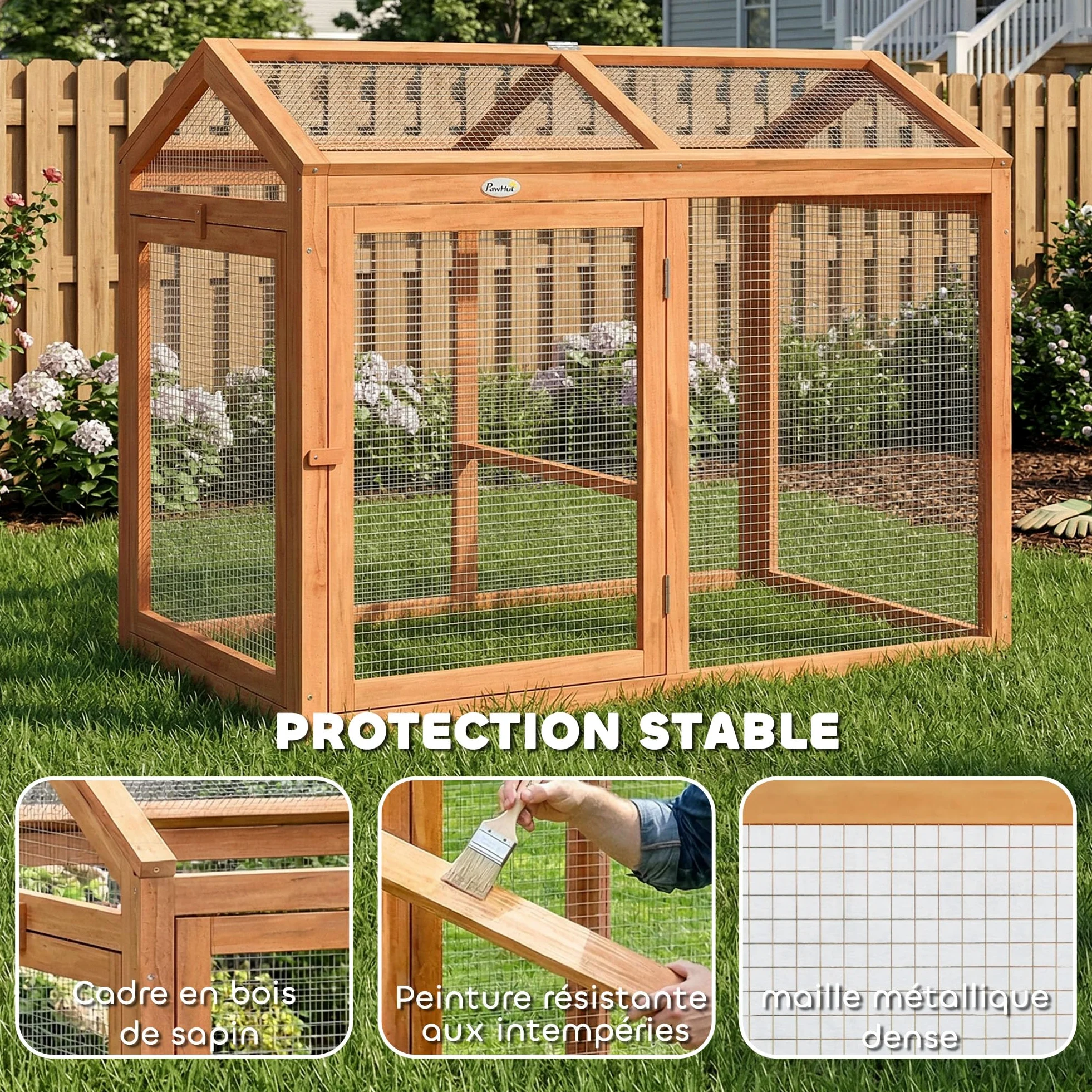 PawHut Recinto - Gallinero combinable, 2 gallinas, 104 x 70,5 x 84 cm, color naranja | Madera Natural, Parque De Malla Modular Y Extensible, Gallinero De Protección, Malla Densa, Ampliación Recinto De Gallina