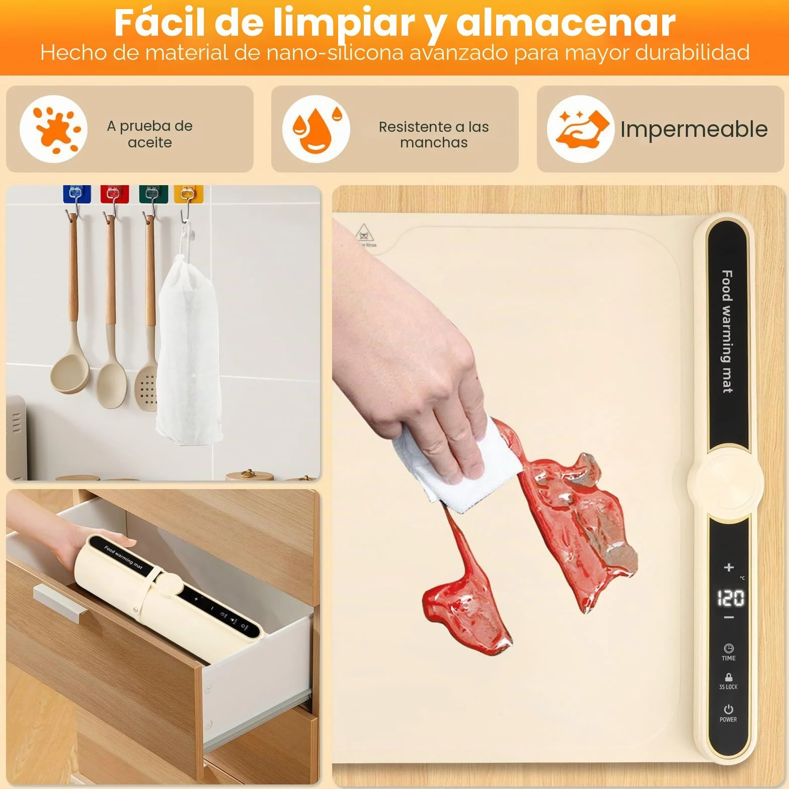 Bandeja de Calentamiento Plegable Eléctrica Silicona Flexible 60x38 cm Beige