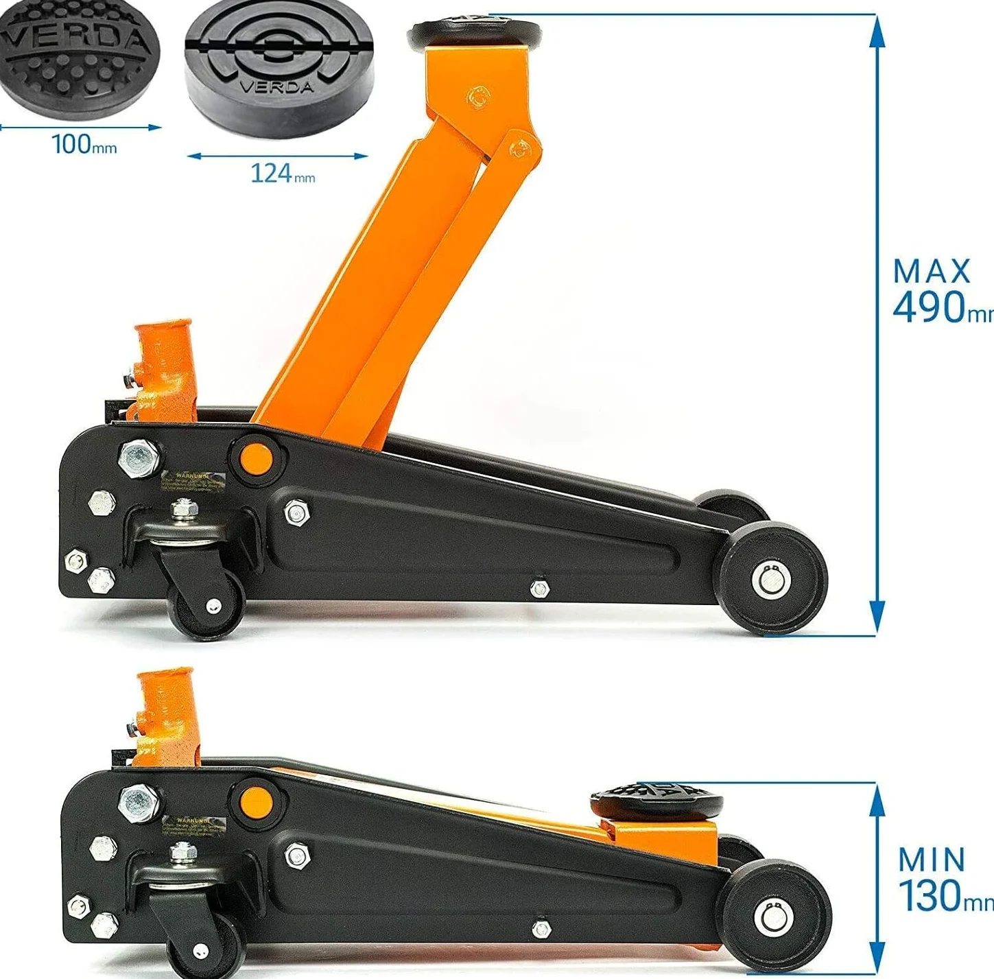 Verda Gato Hidráulico de Carretilla 3 T, Altura de Elevación 130-490 mm, Incluye 2 Almohadillas de Goma y Guantes, Gato para Coche, Turismo, Autocaravana y Todoterreno, Uso Profesional