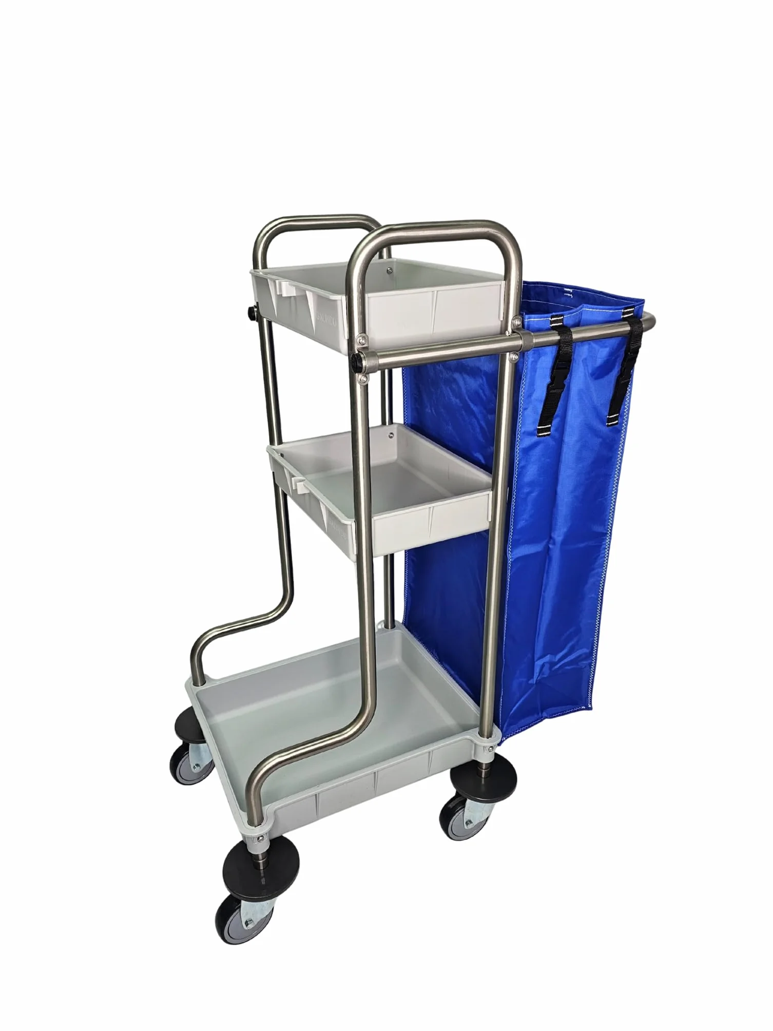 Carro de Limpieza Profesional Acero INOX 18/8 con 3 ESTANTES de Polipropileno, Ruedas de 100mm con Protector y Bolsa de 70L