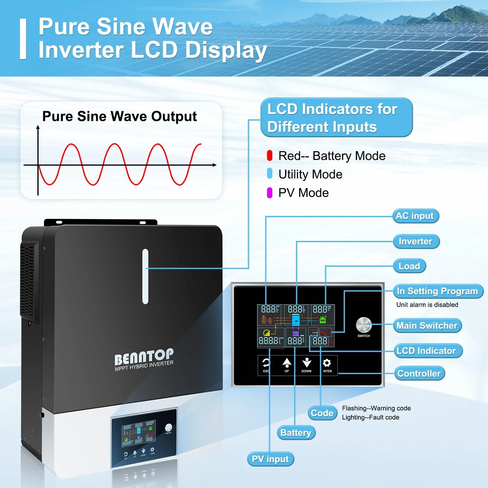 6200W Inversor Híbrido 48V,Inversor Solar Híbrido 48V de Onda Sinusoidal Pura Off-Grid,MAX.PV 500Vdc,120A MPPT,para baterías de Plomo y Litio