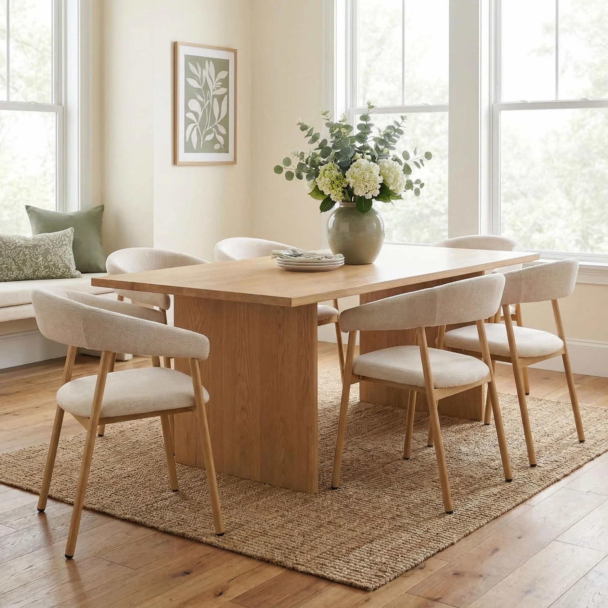 Juego de 4 sillas de Comedor Modernas ergonómicas de felpilla tapizadas con reposabrazos y Respaldo Curvado, Patas de Metal con Grano de Madera, Color Beige
