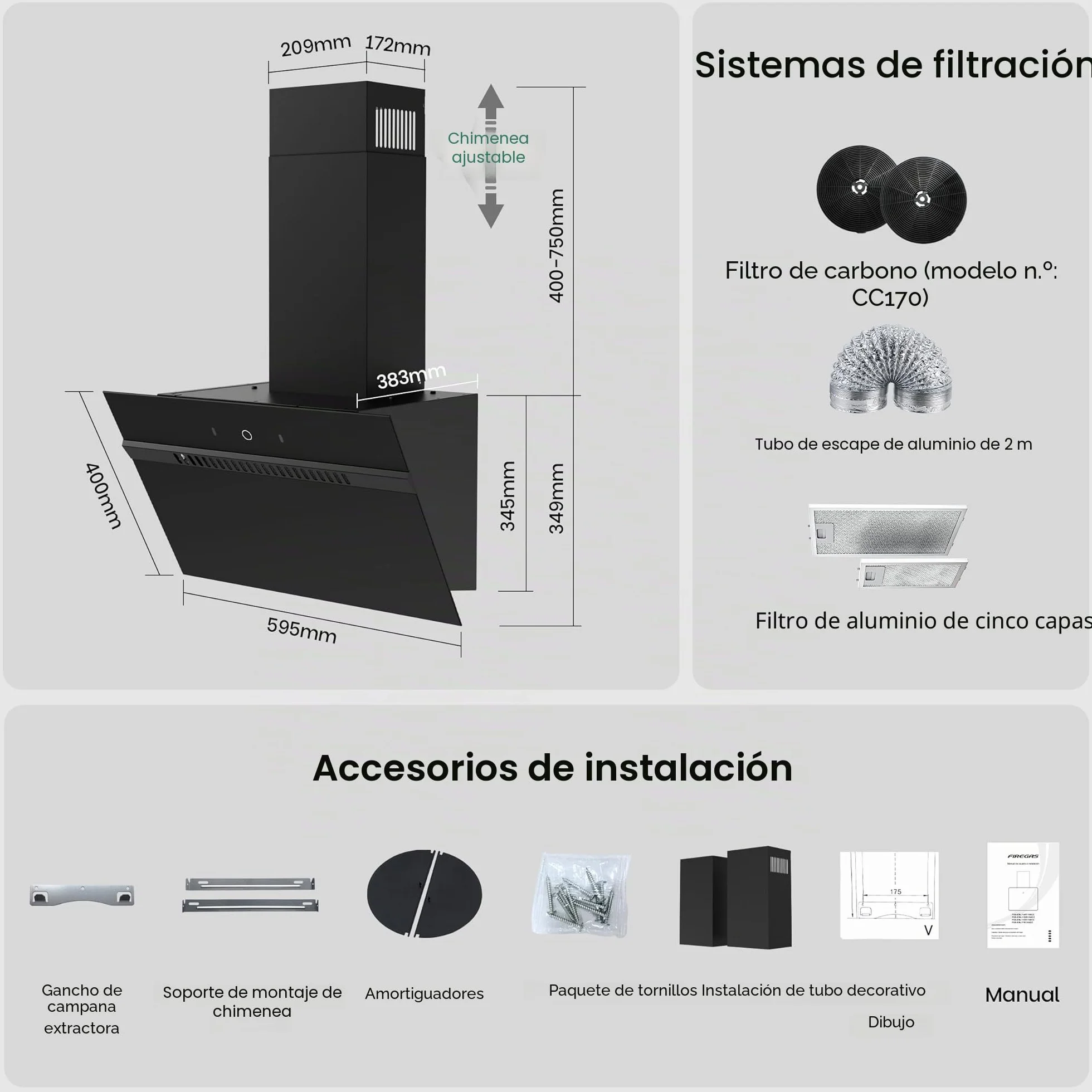FIREGAS Campana Extractora Inclinada 60 cm Clase A+++ Motor sin Escobillas 684 m³/h Control Táctil y por Gestos 9 Velocidades Negro