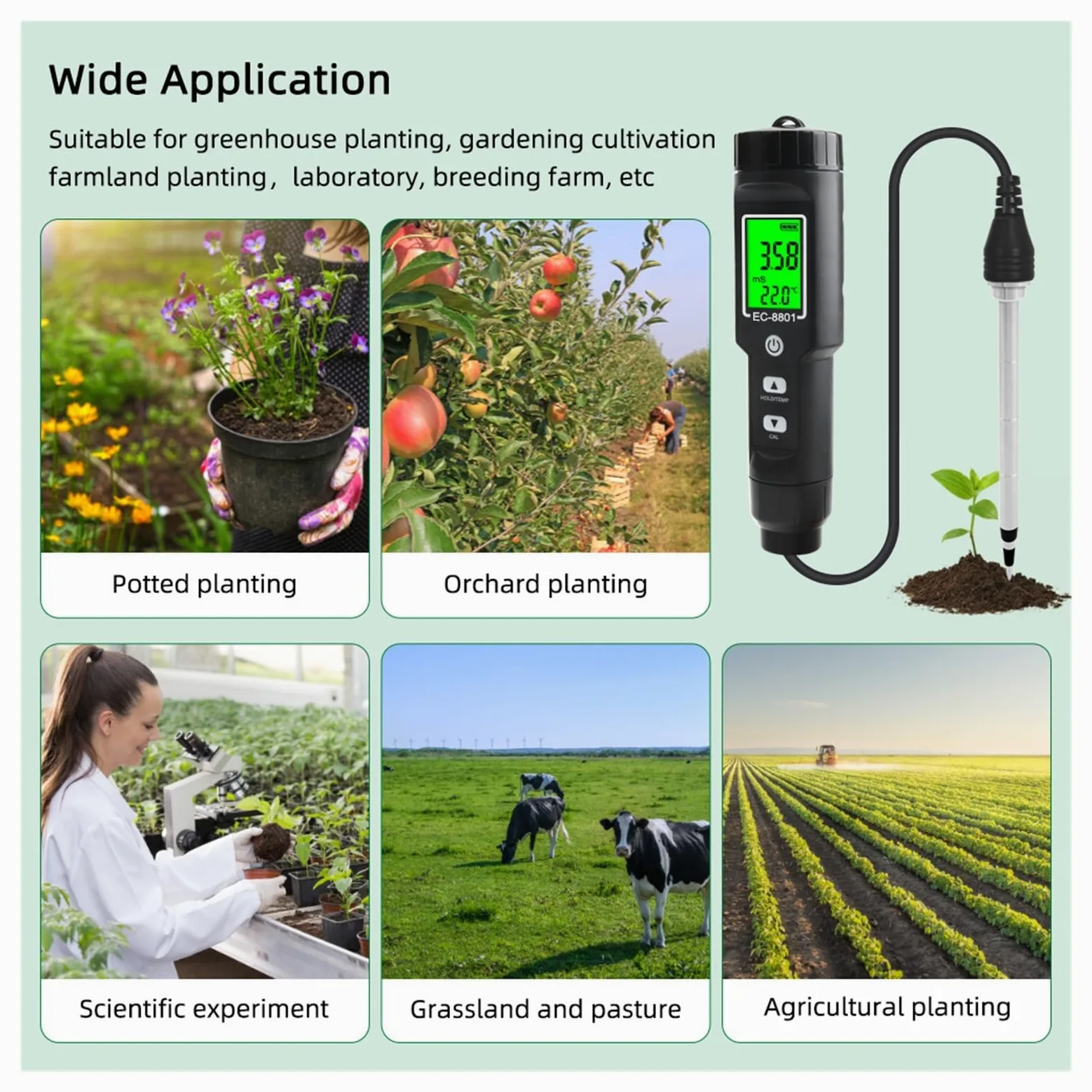 Medidor de Calidad del Agua, Termómetro Digital LCD multifunción for Suelos con CE, Resistente al Agua, retroiluminación y sonda Desmontable. para Campo y Laboratorio