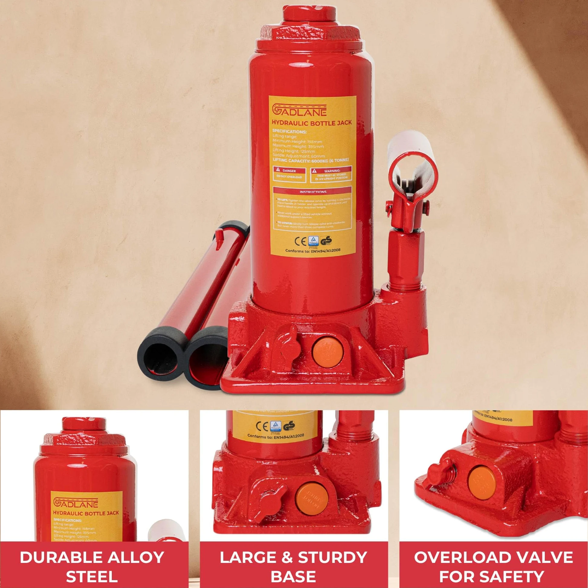 GADLANE Gato hidráulico para Botella de 6 toneladas, Acero aleado Resistente, válvula de sobrecarga de Seguridad, Mango de Ajuste rápido, para Coches Grandes, Furgonetas, autocaravanas