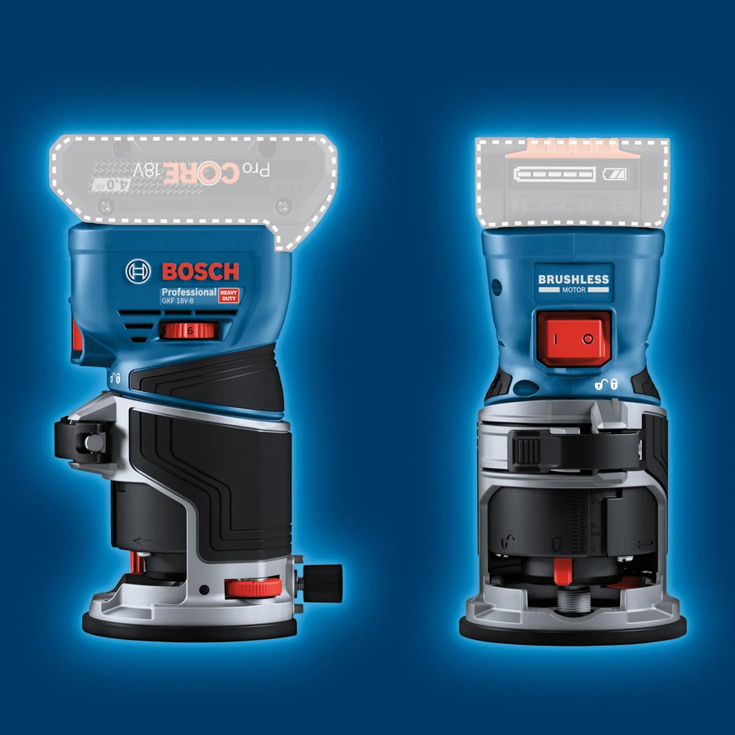 Bosch Professional 18V System fresadora corte batería GFK 18V-8 (incl. guía paralela, 2 adaptadores aspirador fresado, protección virutas, pinza sujeción 8 mm, llave, L-BOXX, sin batería/cargador)