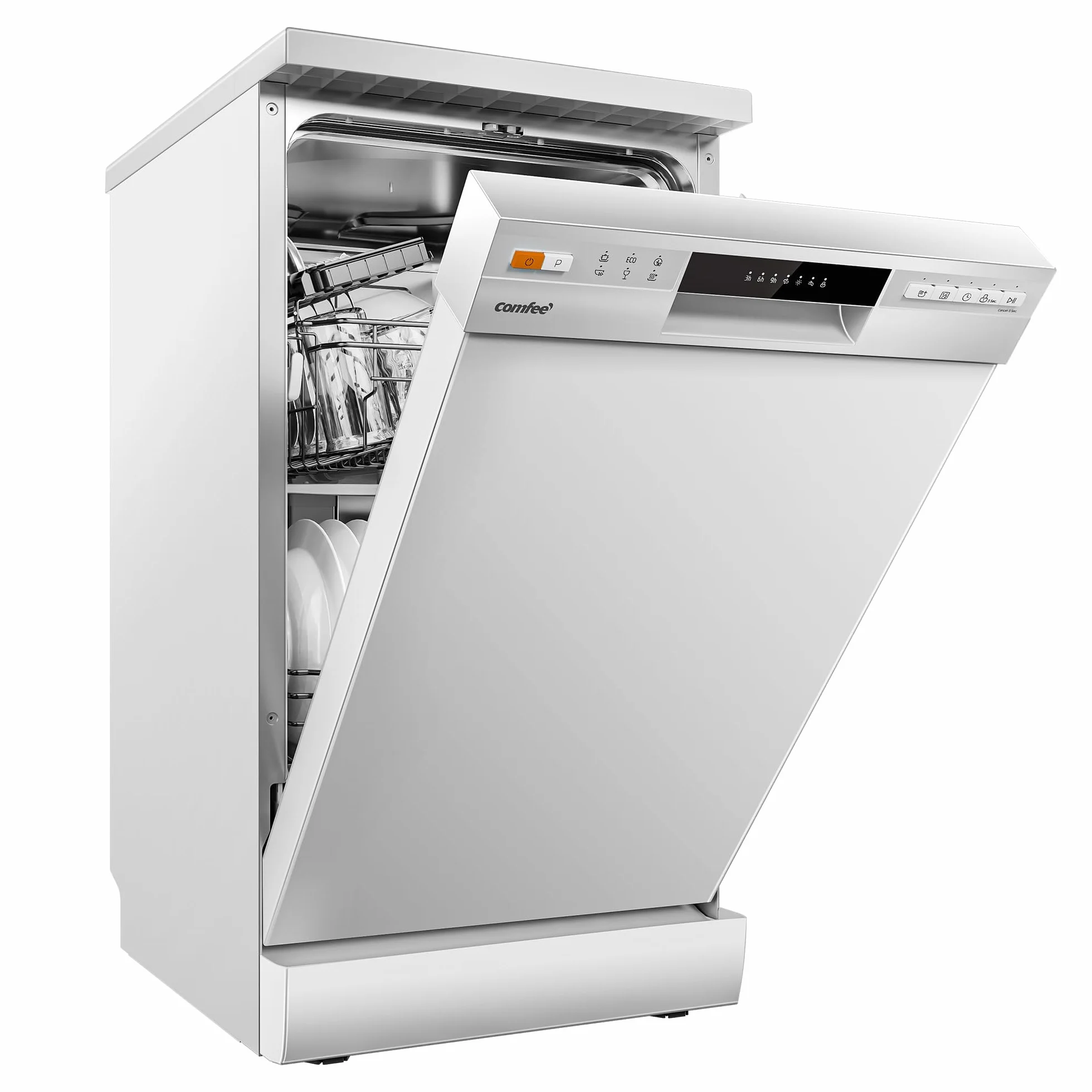 COMFEE' CDWEF1034BW Lavavajillas Independiente 10 Cubiertos 45cm Inicio Diferido Media Carga 72℃ Lavado higiénico Rejillas Flexibles Blanco