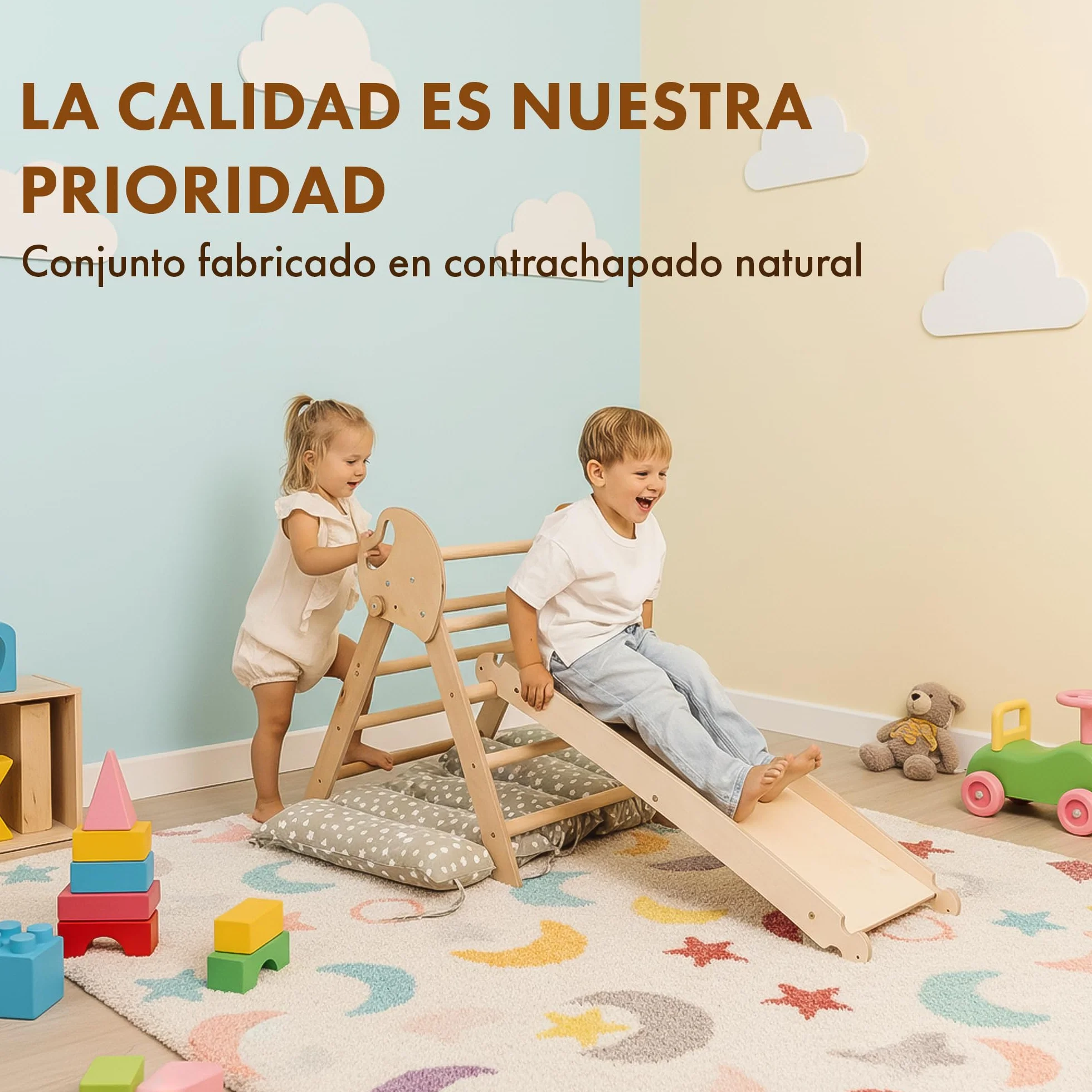 Estructura de Escalada 5 en 1 para Niños - Escalera Triángulo, Arco, Balance Board y Cojín, Montessori, Gimnasio de Madera 1-3 Años