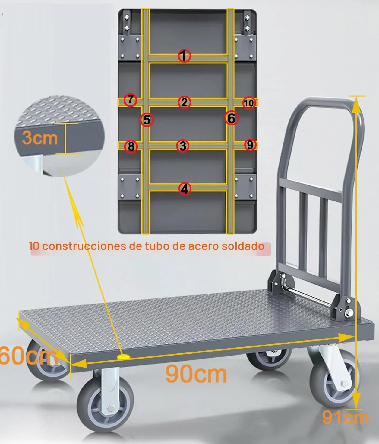 Carro de Plataforma Plegable 500kg Ruedas Grandes Carretilla de Carga Camión de Transporte Carrito Plataforma de Mano Transporte Anticolisión para Mudanzas Almacén Industrial (90 x 60 cm)