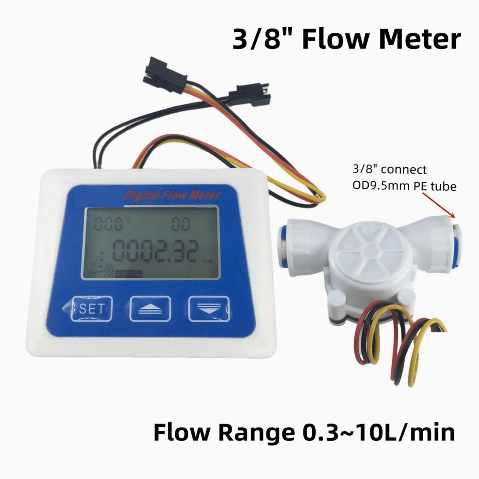 Alta Sensibilidad Medidor de Sensor de Flujo de Agua con pantalla LCD Digital, medidor de flujo, totalímetro con contador de flujo de turbina de 3/8 "/1/4" Medidas precisas(1-4 quick fit)