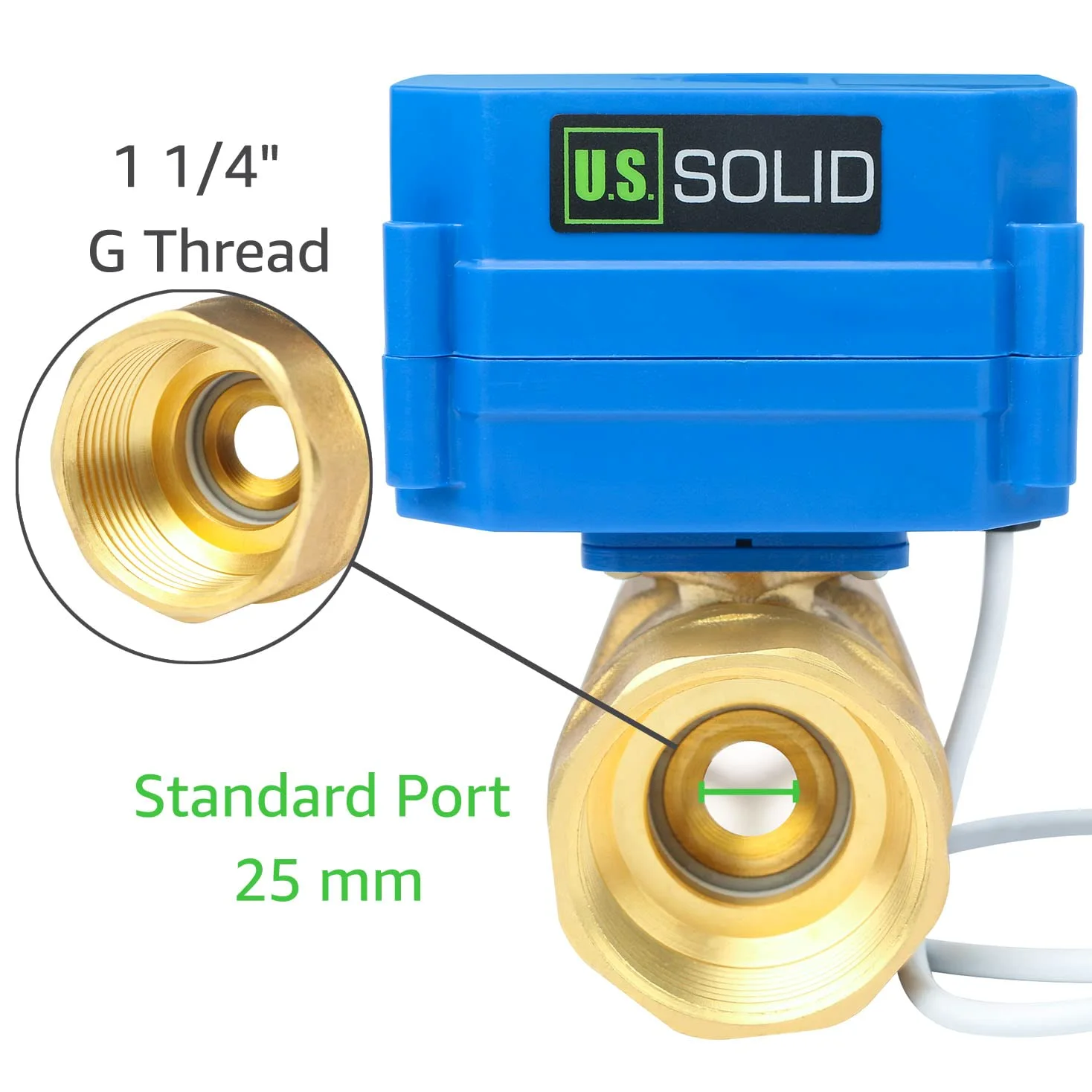 U.S. Solid 1 1/4" Latón Válvula Motorizada 9-24V AC/DC DN32, 2 Vias Válvula de bola electrica, 2 Cables, Regreso Automatico