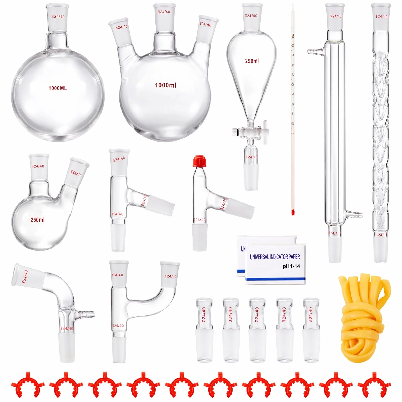 VEVOR Kit de destilación de laboratorio, kit de destilación de vidrio de laboratorio Boro 3.3 con 24 y 40 compuestos, juego de equipos de destilación de aceites esenciales de 1000 ml, 29 piezas