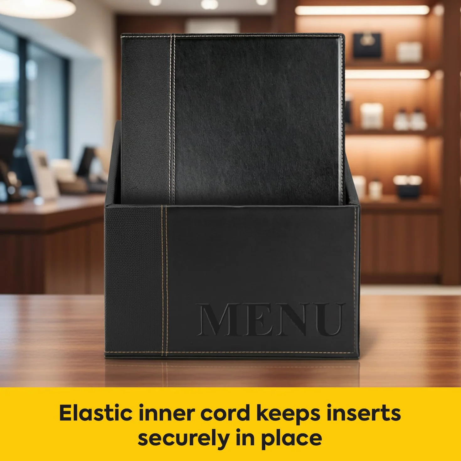 SECURIT - Set de 20 Portamenús Trendy Line con Caja de Exhibición - 1 Inserto Fijo Doble Cara = 4 Páginas A4 - Posibilidad de Añadir Insertos - Café, Bar, Restaurante - Imitación Cuero PU - Negro