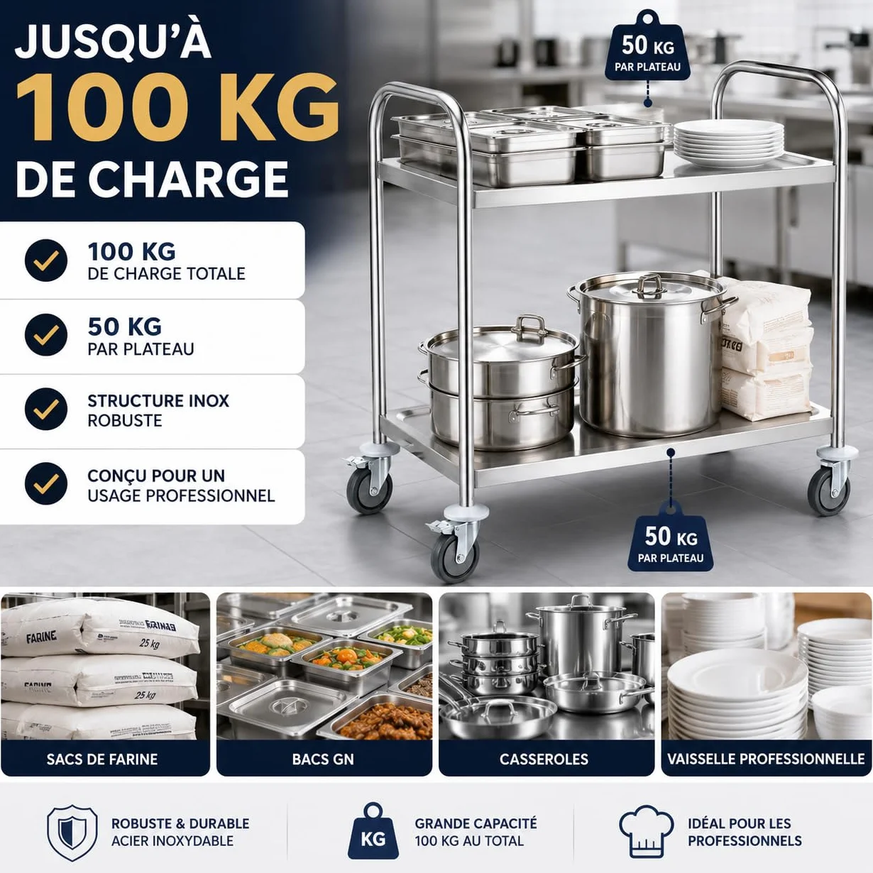 Carro de servicio de acero inoxidable de 2 niveles - 84,5 x 52,5 x 94 cm - Ruedas giratorias con frenos - Cocina Pro, Restaurante, Comunidad