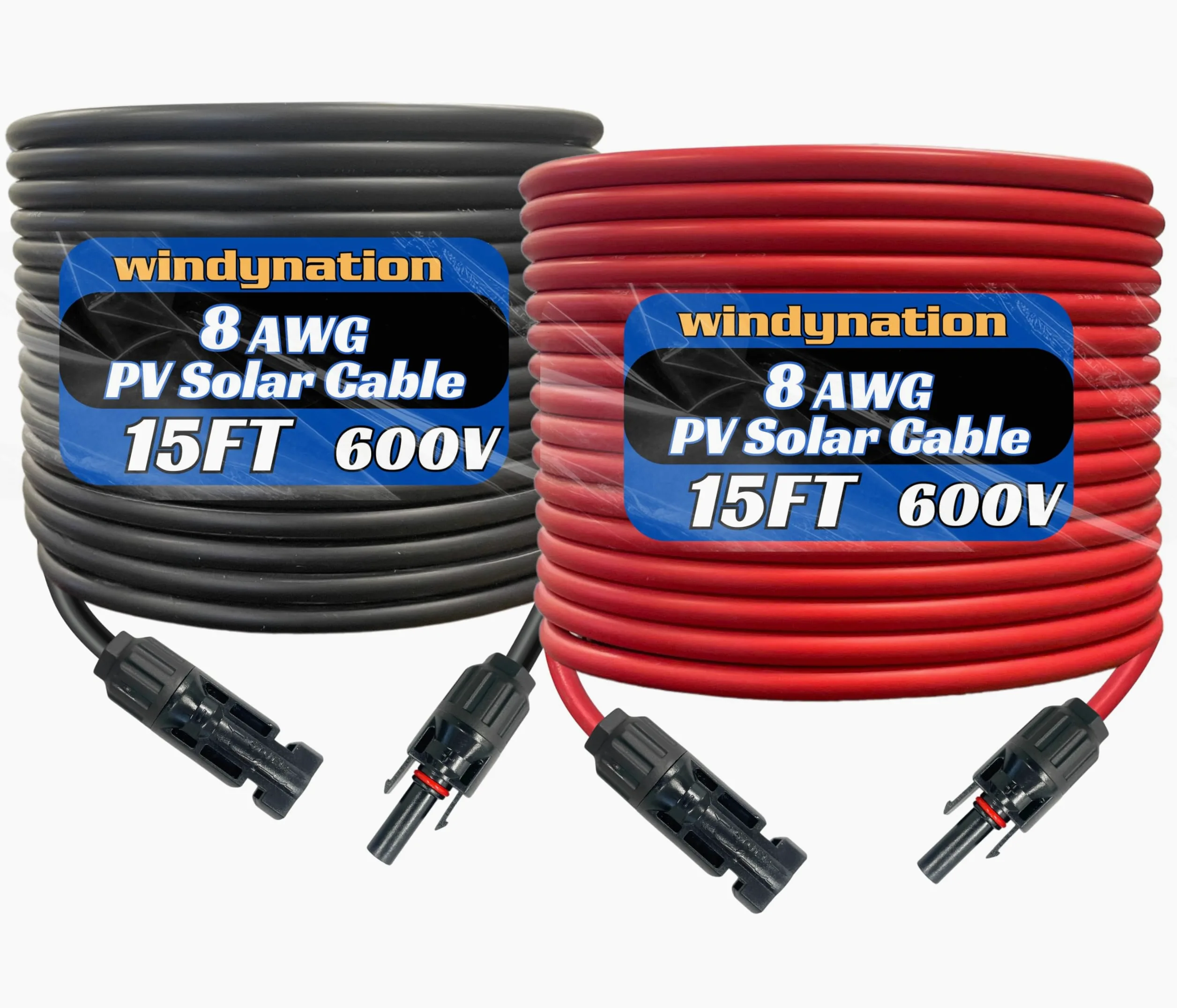 WindyNation Cable de extensión de panel solar de calibre 8 AWG 8, 1 par de conectores solares de cable de extensión de panel solar de 15 pies de color negro + 15 pies (variedad de longitudes