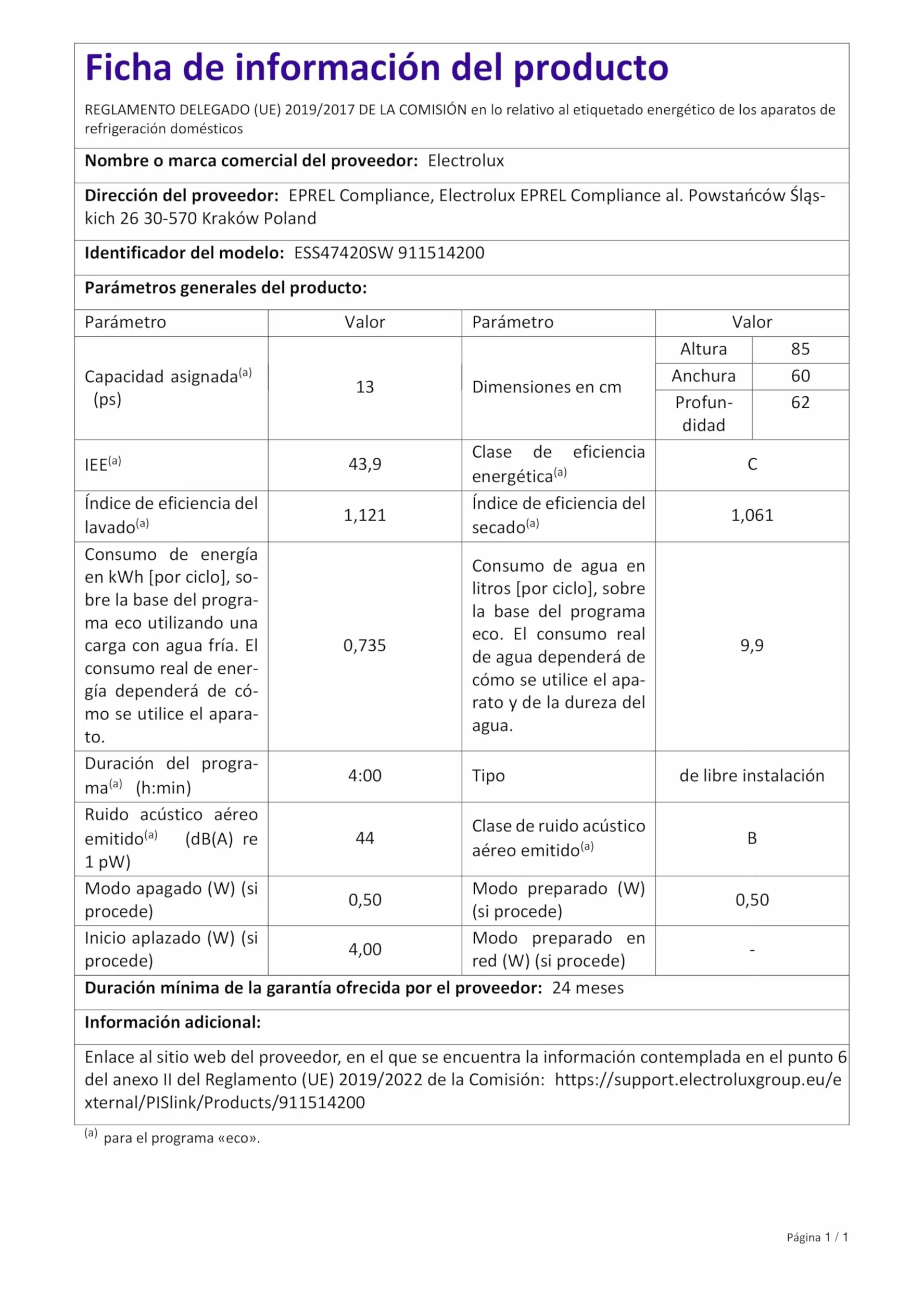 Electrolux ESS47420SW Lavavajillas 60 cm 13 cubiertos AirDry Auto 30 min Display XL Extrahigiene Brazo Aspersor Satélite Softspikes 44 dB(A) Blanco Clase C
