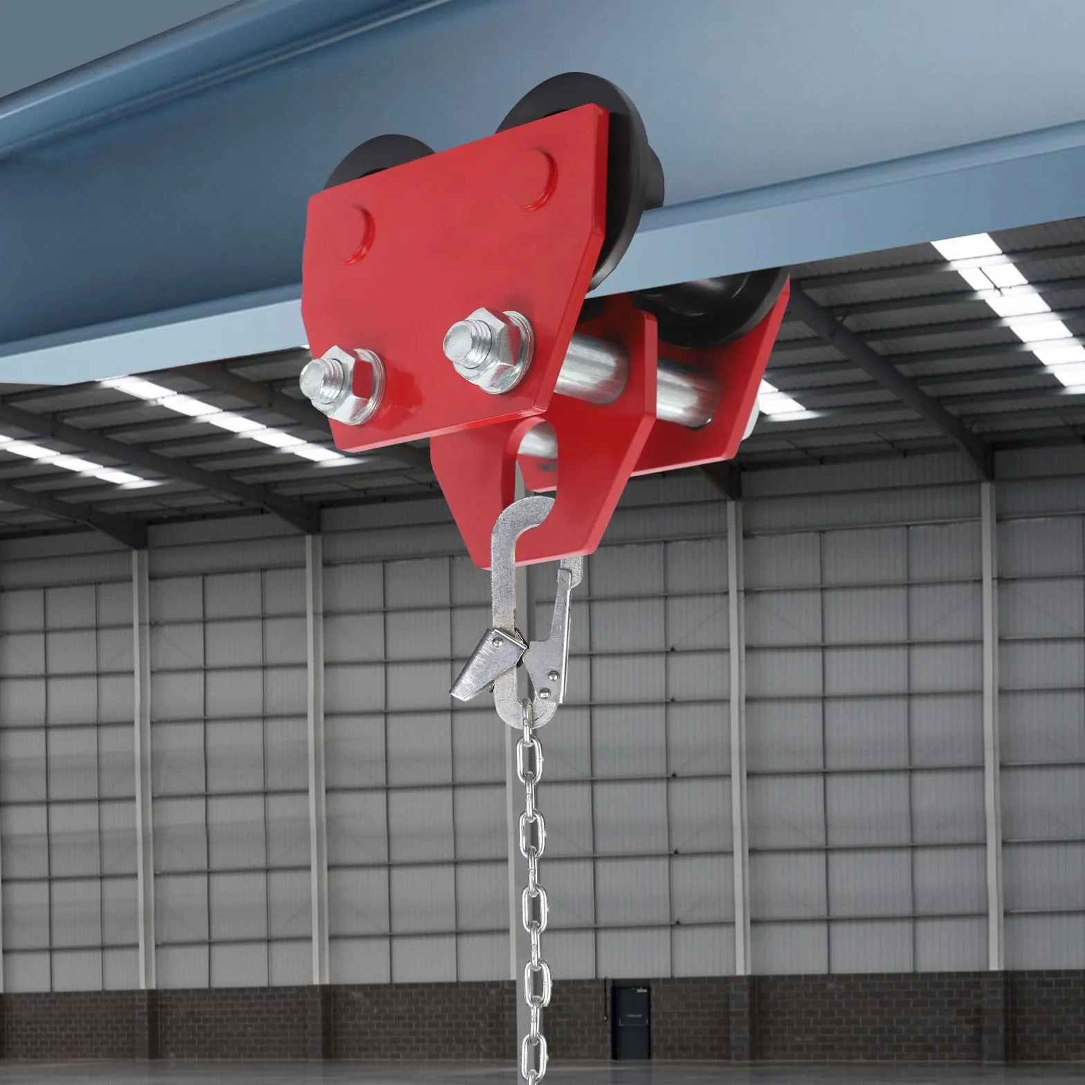 Carro de vigas 3T, carretilla manual para vigas en I, capacidad de carga de 3000 kg, ruedas ajustables para taller, almacén e industria (rojo/negro) - Robusto polipasto para artesanos y profesionales