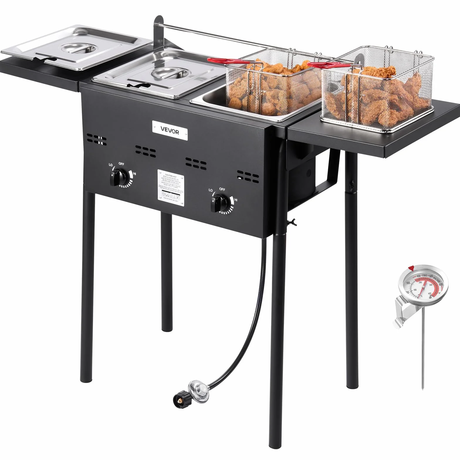 VEVOR Freidora de gas propano de doble depósito 9Lx2, aparato de cocción de propano de acero inoxidable, independiente con plataforma plegable y ajuste del calor, para exterior y restaurante Snack-bar