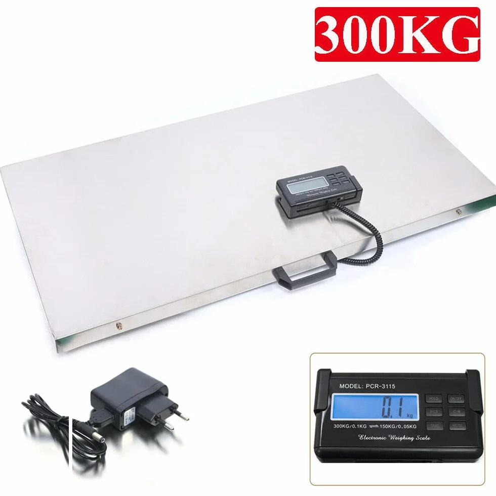 Báscula de suelo, báscula para mascotas, báscula de paquete, báscula veterinaria, plataforma de acero inoxidable, 103 x 53 cm, LCD externa, unidad de pesaje kg/oz/lb
