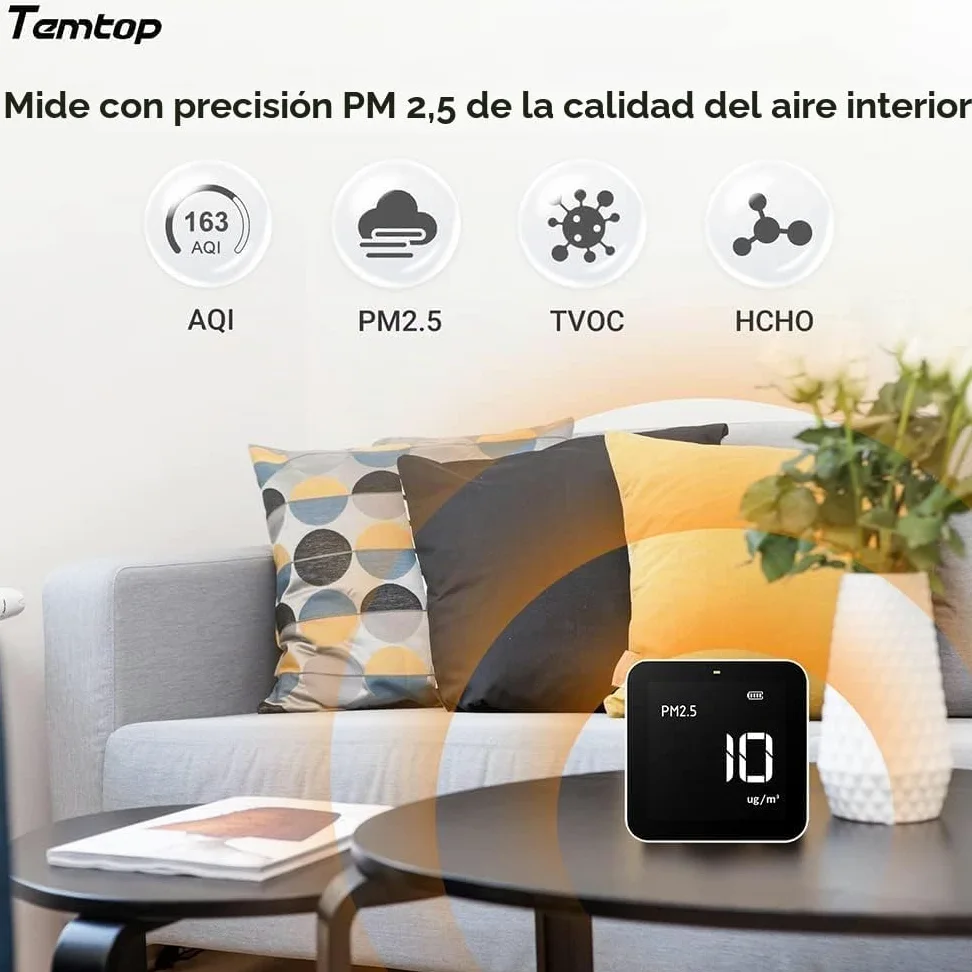 Temtop M10 Monitor Detector de Calidad del Aire para PM2.5/HCHO/TVOC/AQI, Monitor Portátil Inteligente, Batería Recargable