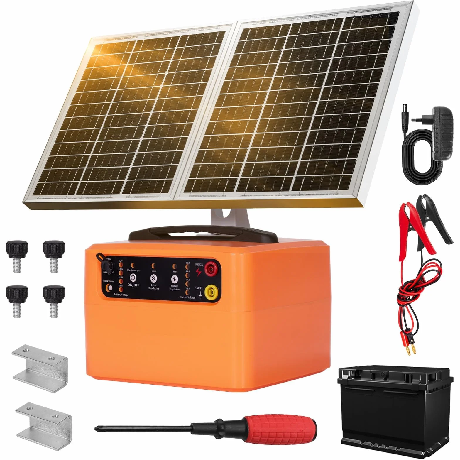 48KM Solar Pastor Electrico, Voltaje Ajustable 6-12KV, 1.5J, 15W Panel Solar, Batería Recargable, Protección 24H Ininterrumpida para Ganado, Jardín y Granja