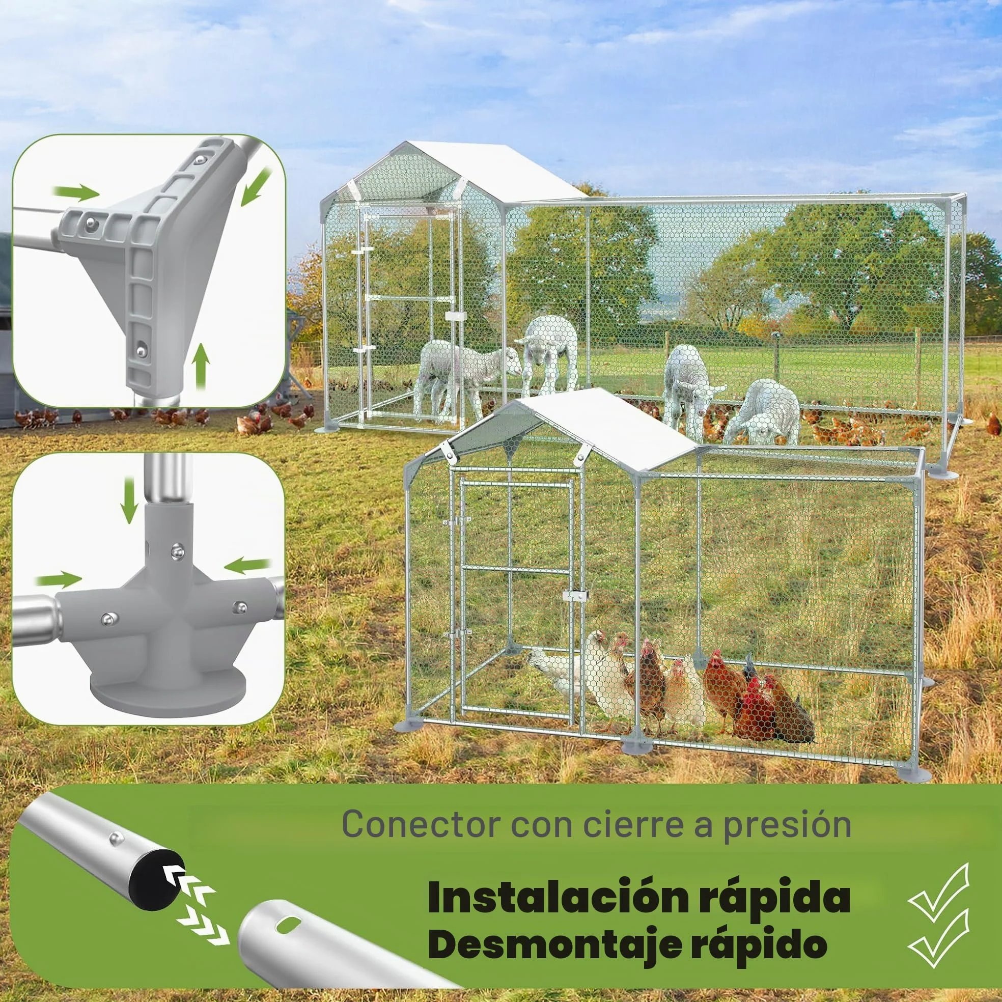 NAIZY - Parque para gallinas con cerradura, gallinero de 4 m x 1 m - Estructura de acero galvanizado con techo protector solar de PE - Pequeño gallinero para gallinas, jaula para pájaros