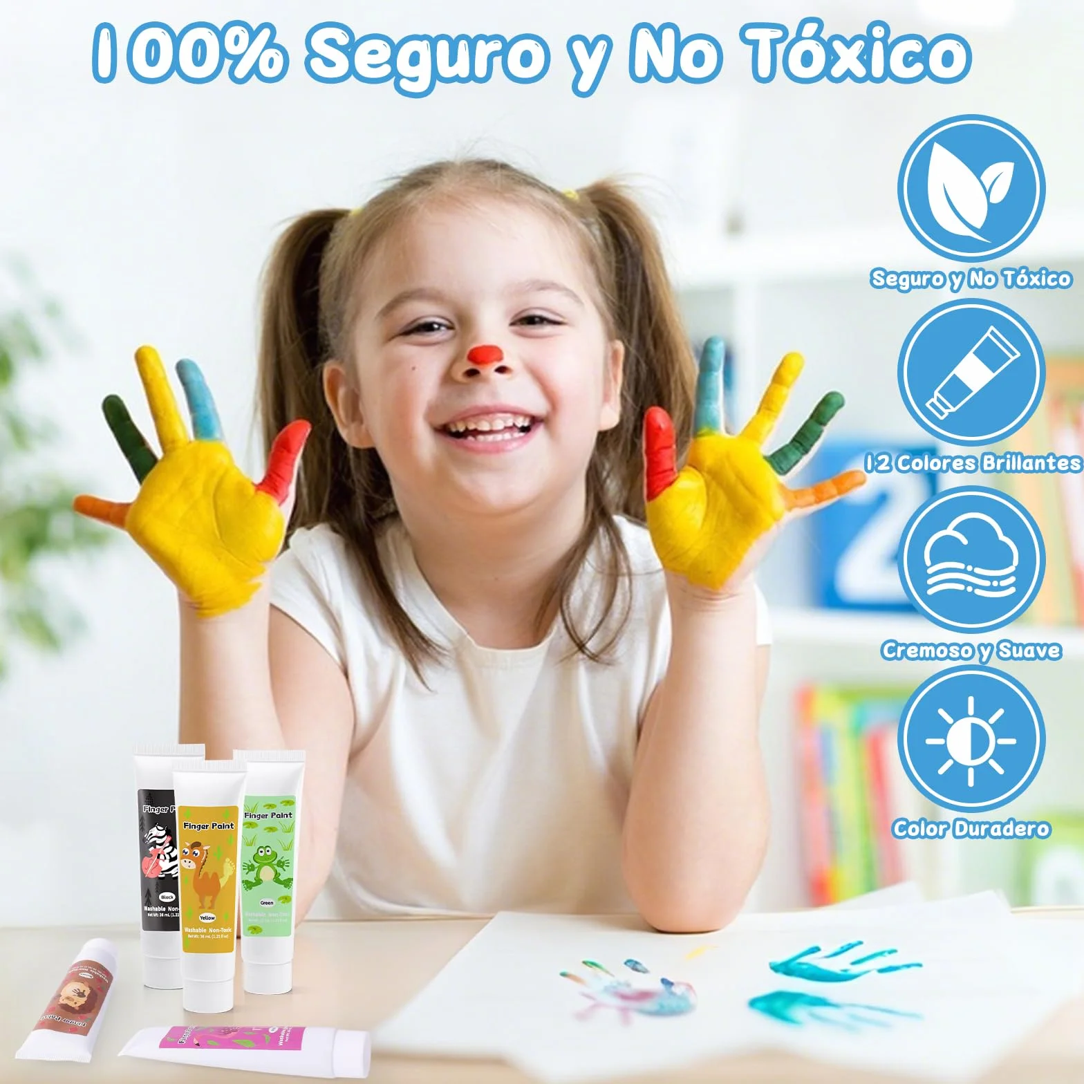 Pintura de Dedos No Tóxica para Niños, Kit de 12 Tubos (36ml c/u) - Lavable