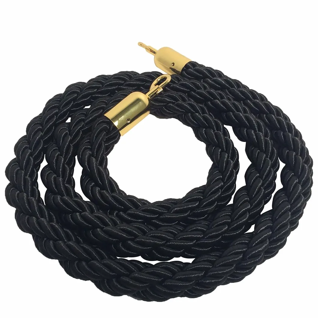Cuerda de Barrera Negro 2mt Cordón Trenzado Mosquetón Metal Dorado