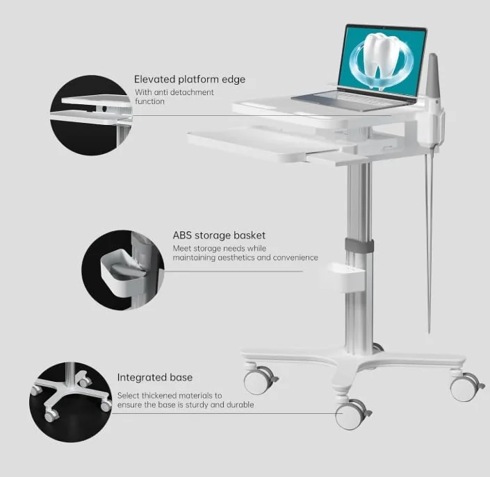 Carro médico con soporte para monitor y soporte para escáner oral, carrito dental ajustable con ruedas de bloqueo de 360° para hospitales, dentales y salones de belleza