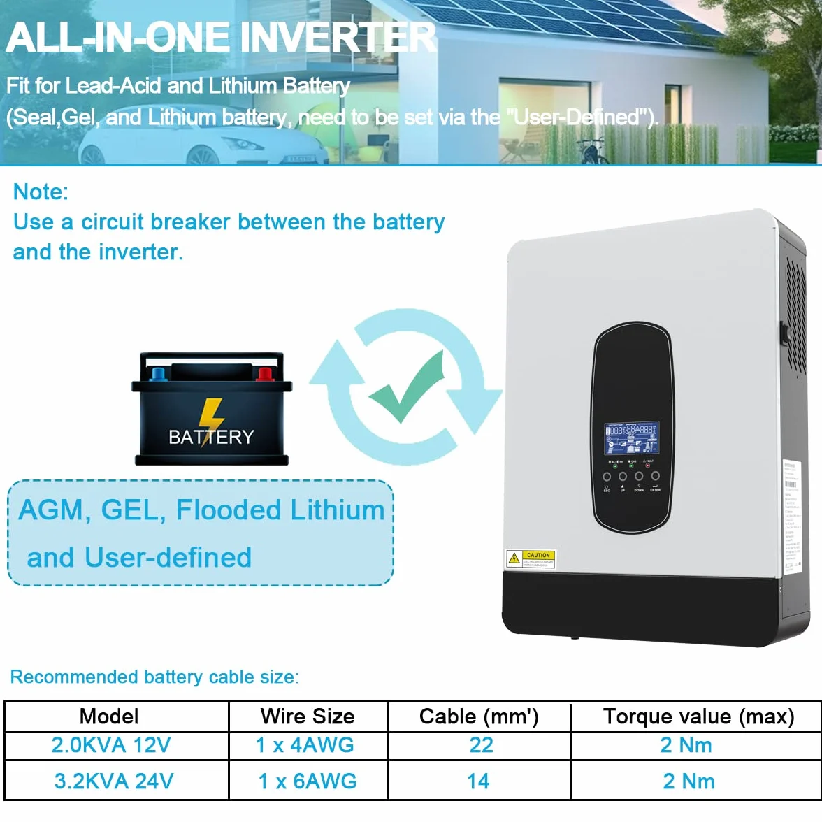 Inversor solar híbrido de 2200 W, CC 12 V a CA 230 V, entrada DC55 – 450 V, adecuado para 12 V, inversor sinusoidal puro con cargador solar MPPT de 80 A + cargador de CA