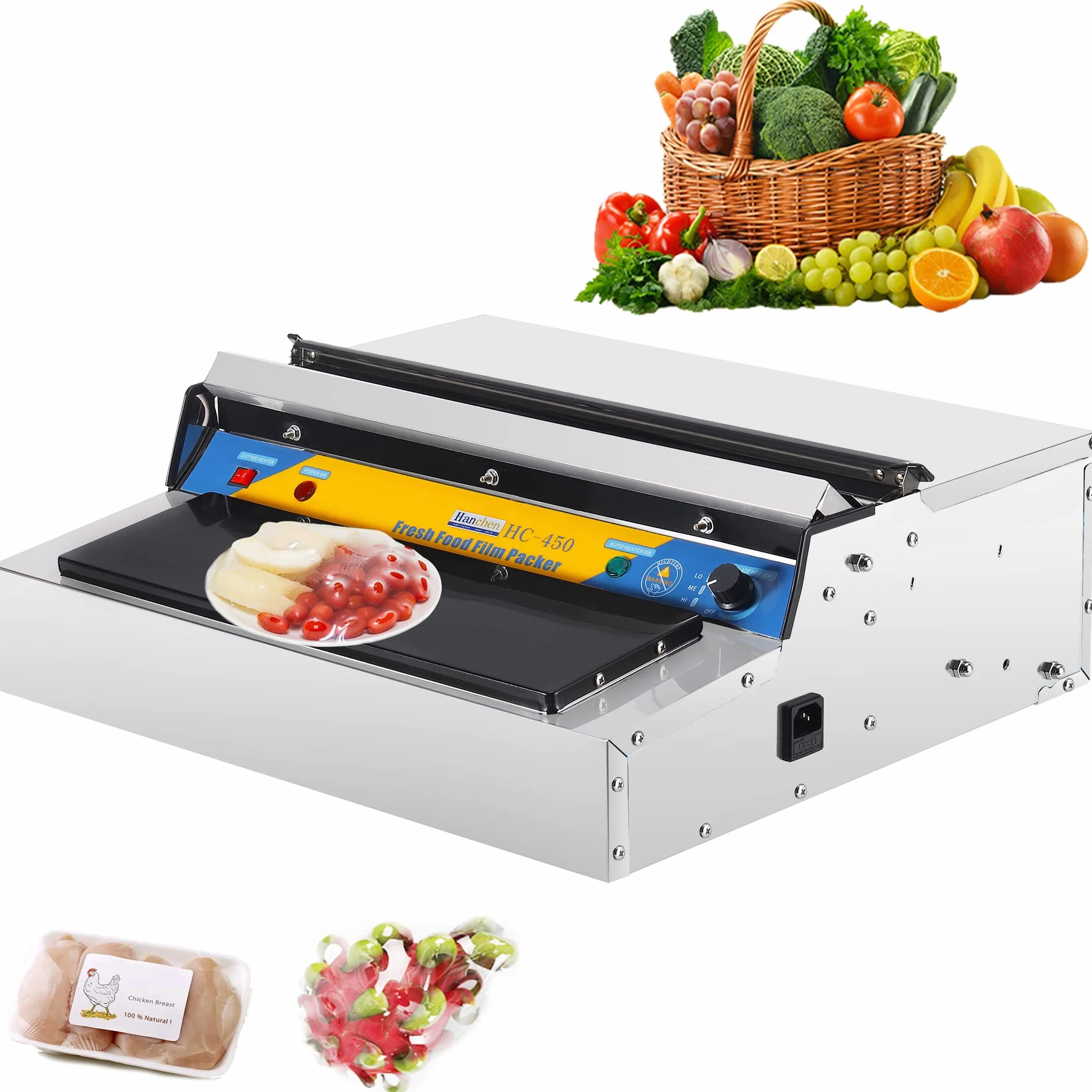 Hanchen Envasadora de Film de Alimentos Frescos Industrial Sellador de Alimentos Eléctrico Máquina de Sellado y Corte de Film Acero Inoxidable para Carne/Verduras/Frutas
