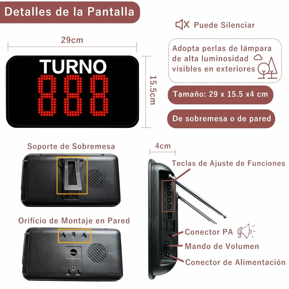 Pantalla Su Turno Digital (Llamada en Español) | 3 Dígitos| Maquina de Numeros Turnos, Sistema de Turnos y Gestión de Cola, Sistema Turnos |1 Pantalla Turno+2 Botón de Llamada +1Mando