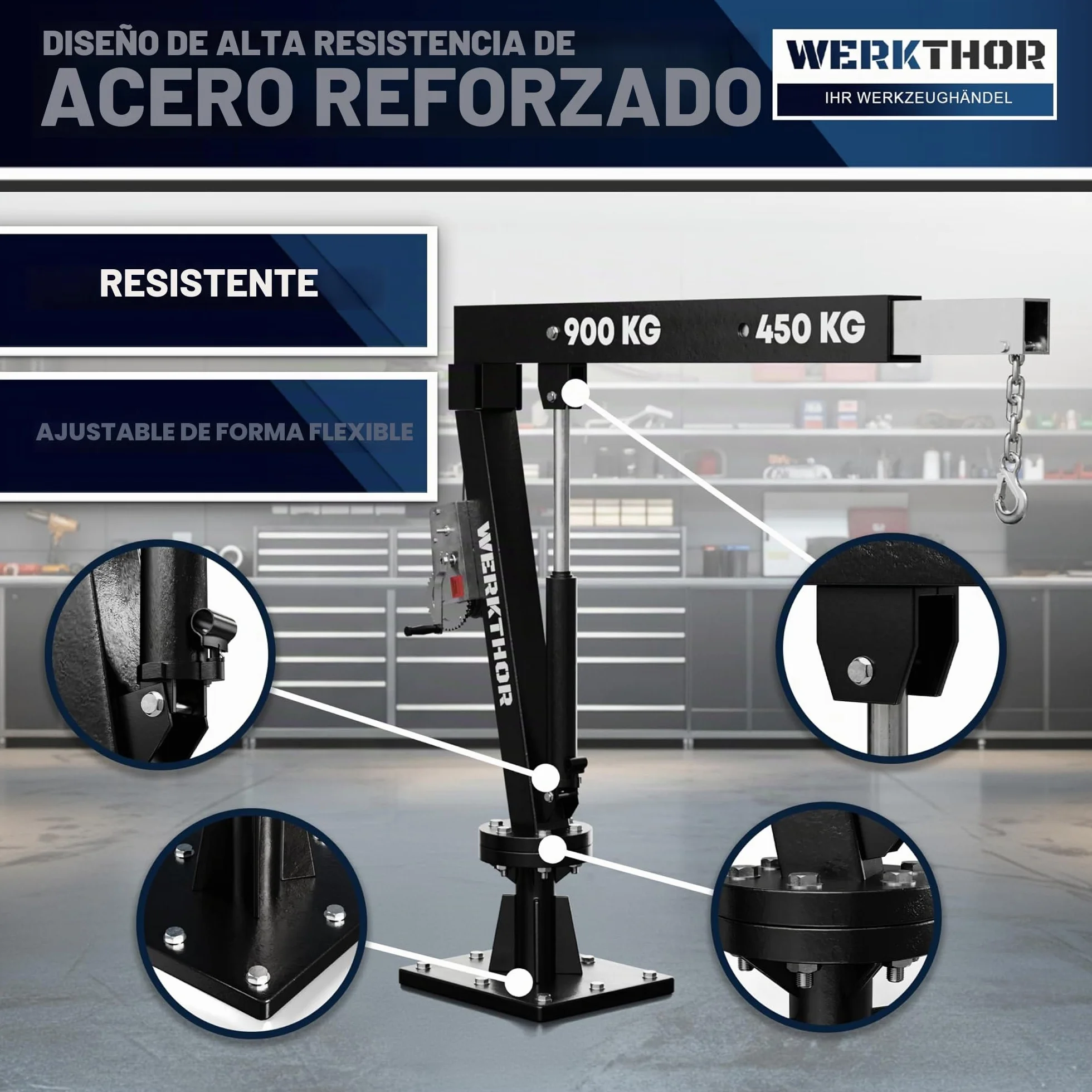 WERKTHOR Grúa de carga para Pick Up 900 kg con cabrestante e hidráulica – Grúa Pick Up para remolque y plataforma giratoria 360° – Mini grúa incl. material de montaje y base sólida – Grúa de taller