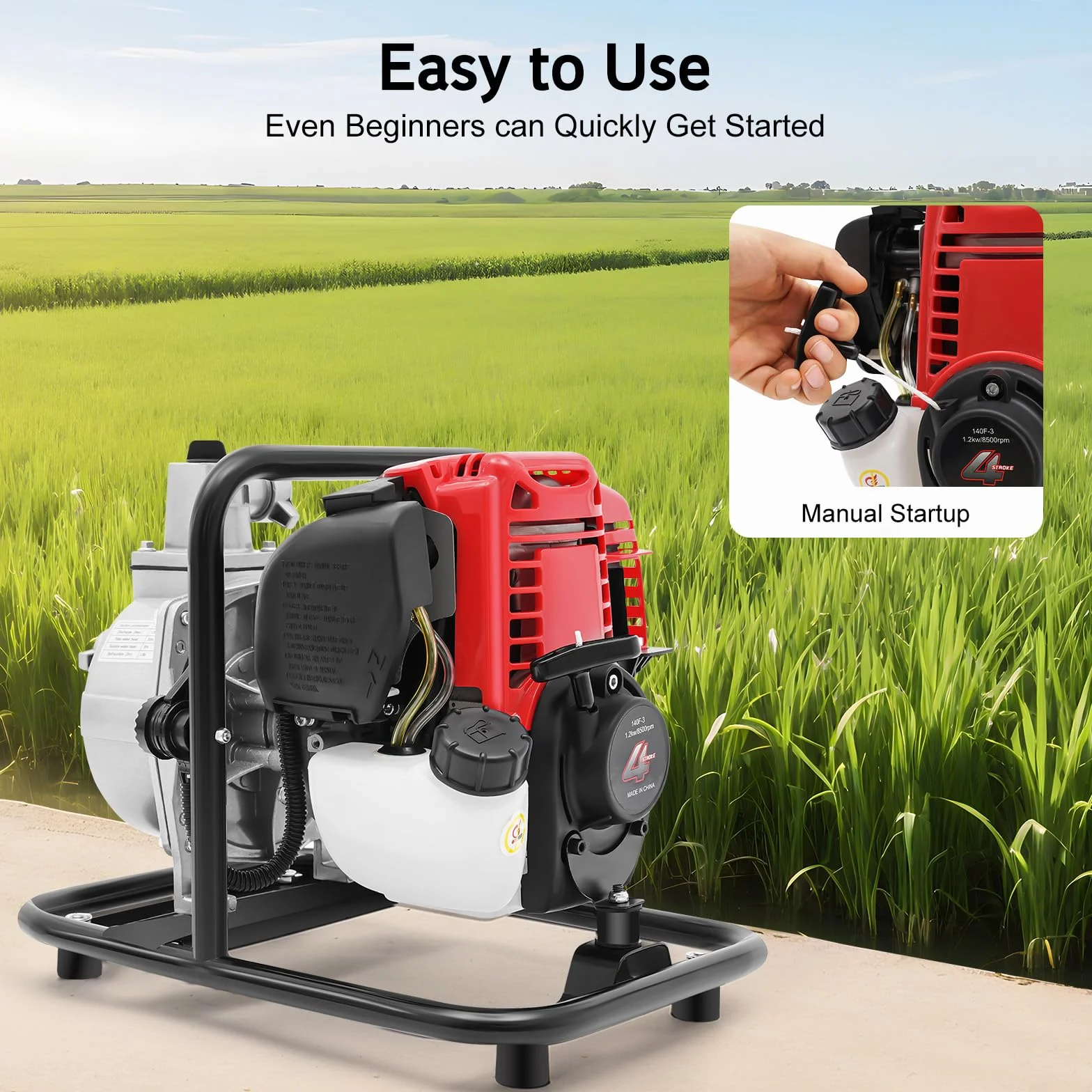 Bomba de agua de gasolina de 4 tiempos, bomba de motor de alta presión para jardín, bomba de lodo, bomba de gasolina, motor de un cilindro refrigerado por aire, 38cc, 1,2 kW, 8500 rpm