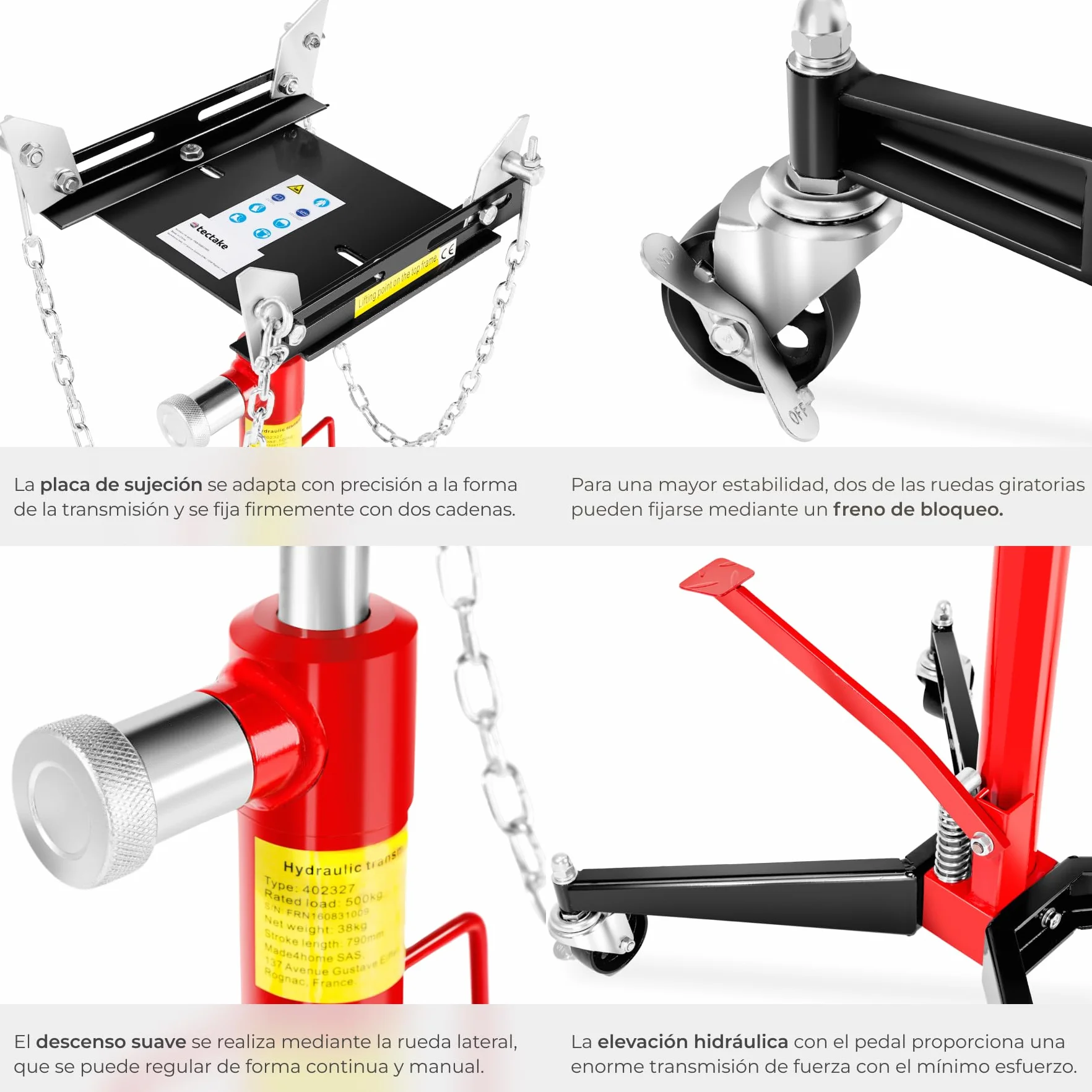 tectake® Gato Hidráulico, Soporte Motor, Gato de Foso, Gato Hidráulico Coche, Herramientas Taller Mecánico, Gato Elevador, Soporte Motor Coche - Carga hasta 500 kg, Altura de 113-192 cm