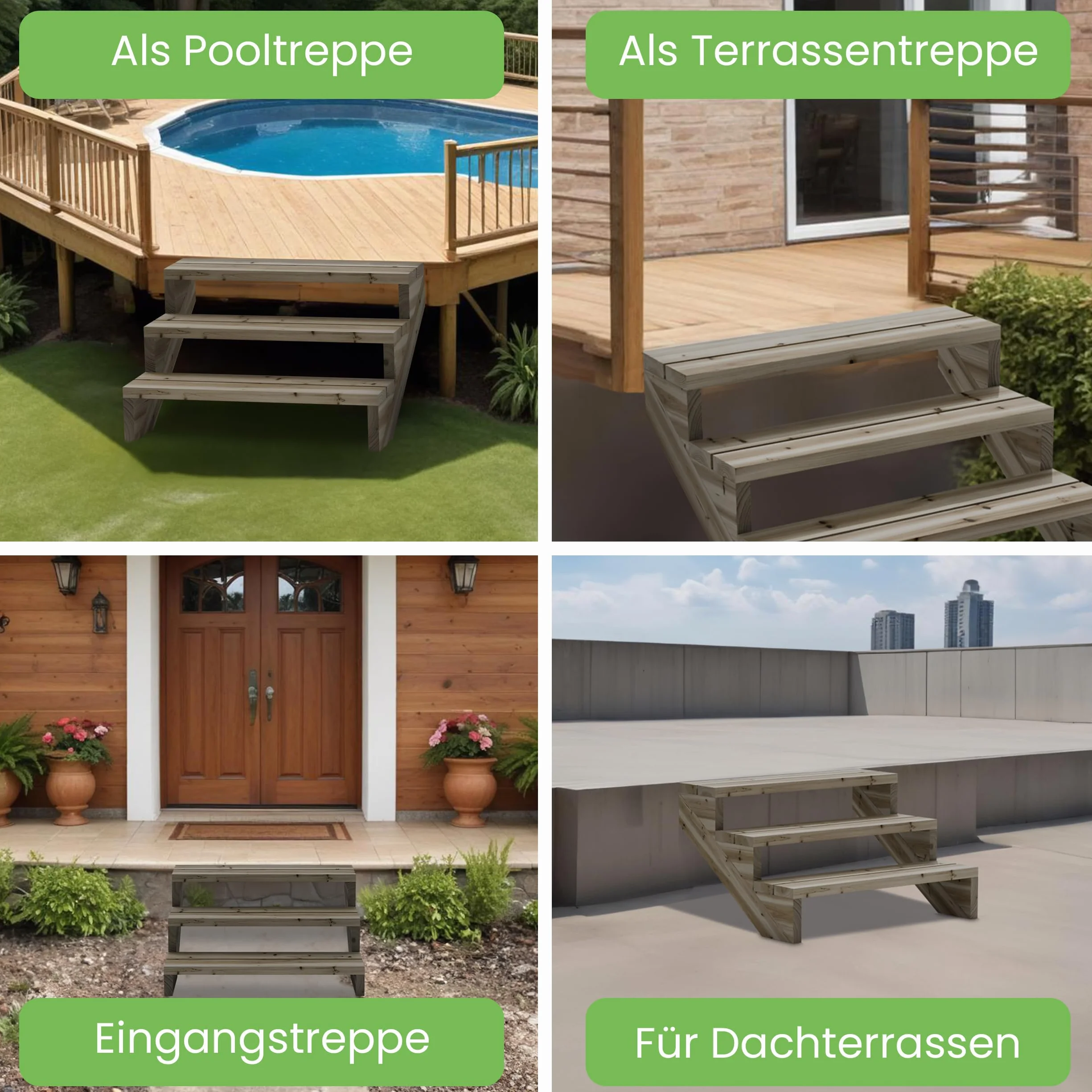 Gartenwelt Riegelsberger Escalera de terraza de pino impregnado – 95 cm de ancho, 2 peldaños, altura total 38 cm – Escalera exterior de madera maciza resistente a la intemperie con mejillas, tablones
