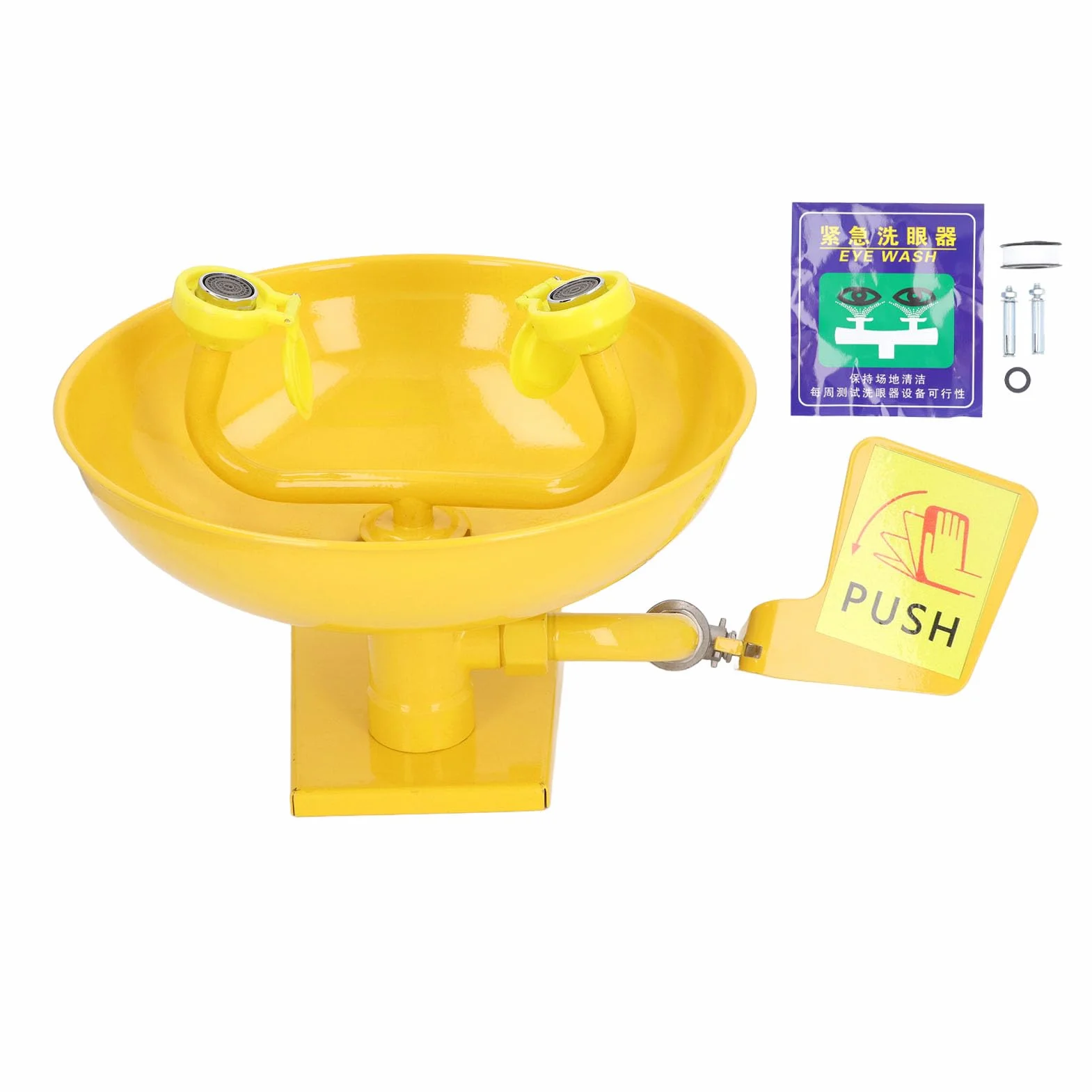 Lavador de Ojos Montado en la Pared, Estación Lavaojos Amarilla, Dispositivo de Lavado de Ojos de Emergencia, Cabezales de Pulverización Dobles de Acero Inoxidable, Estación de