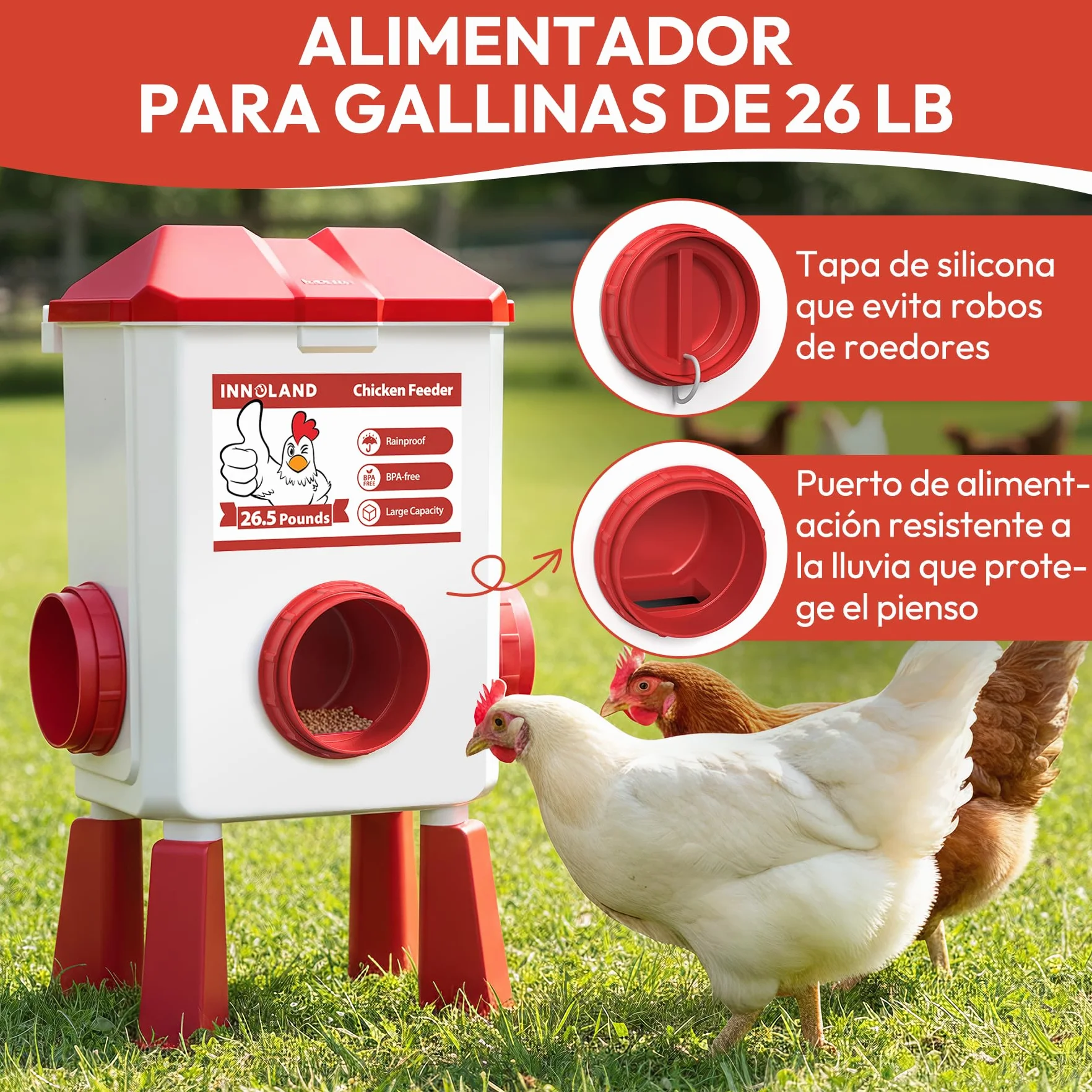 Comedero y Bebedero Automático para Gallinas 12KG 11L Anti Ratas 4 Comederos 3 Puertos Alimentación Alta Capacidad