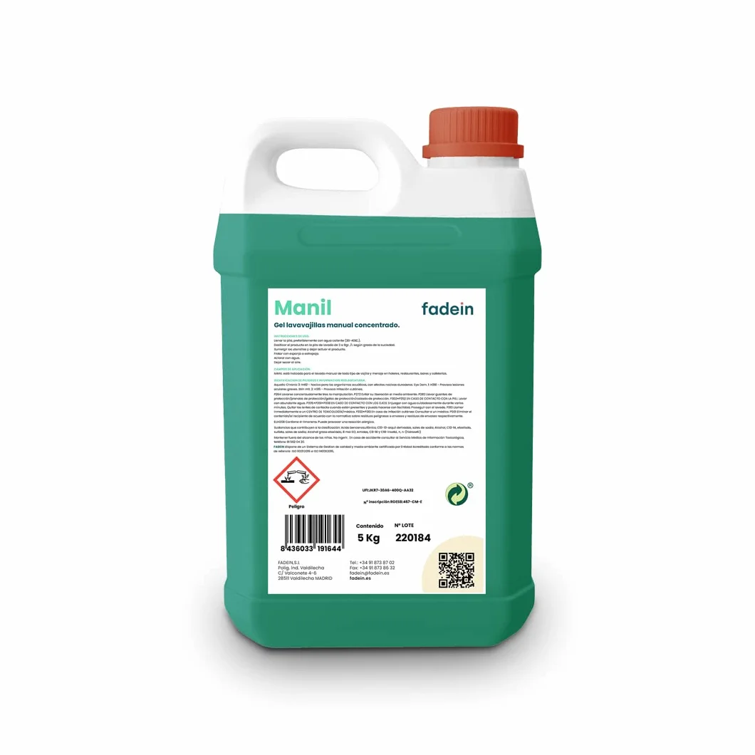 Fadein | Manil | Gel Lavavajillas Manual | Detergente Líquido | Concentrado | Detergente para Platos | Vajilla | Hostelería, Bares, Cafeterías y Restaurantes | Espumoso | 5L