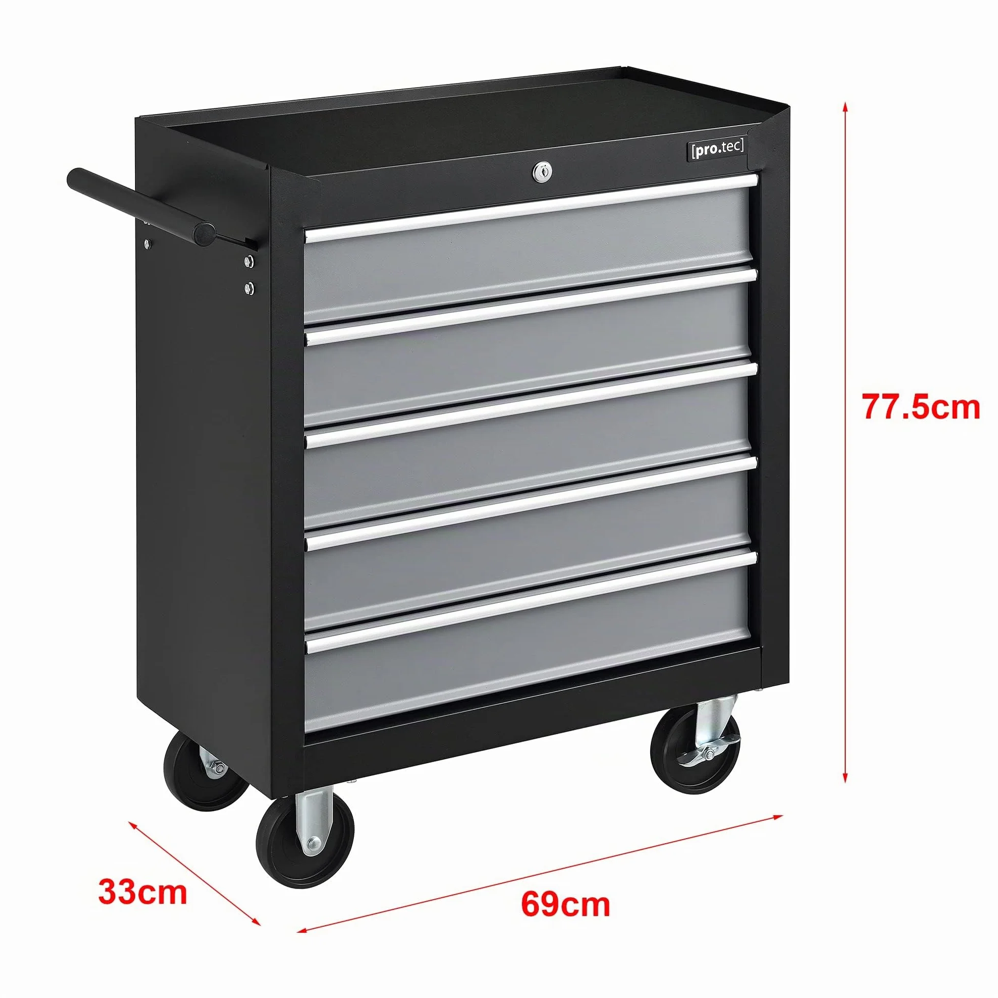 pro.tec Carrito de Herramientas de Acero con 5 Cajones y 4 Ruedas Carro de Caja Taller Móvil en Negro 69 x 33 x 77,5 cm Máx. 10kg
