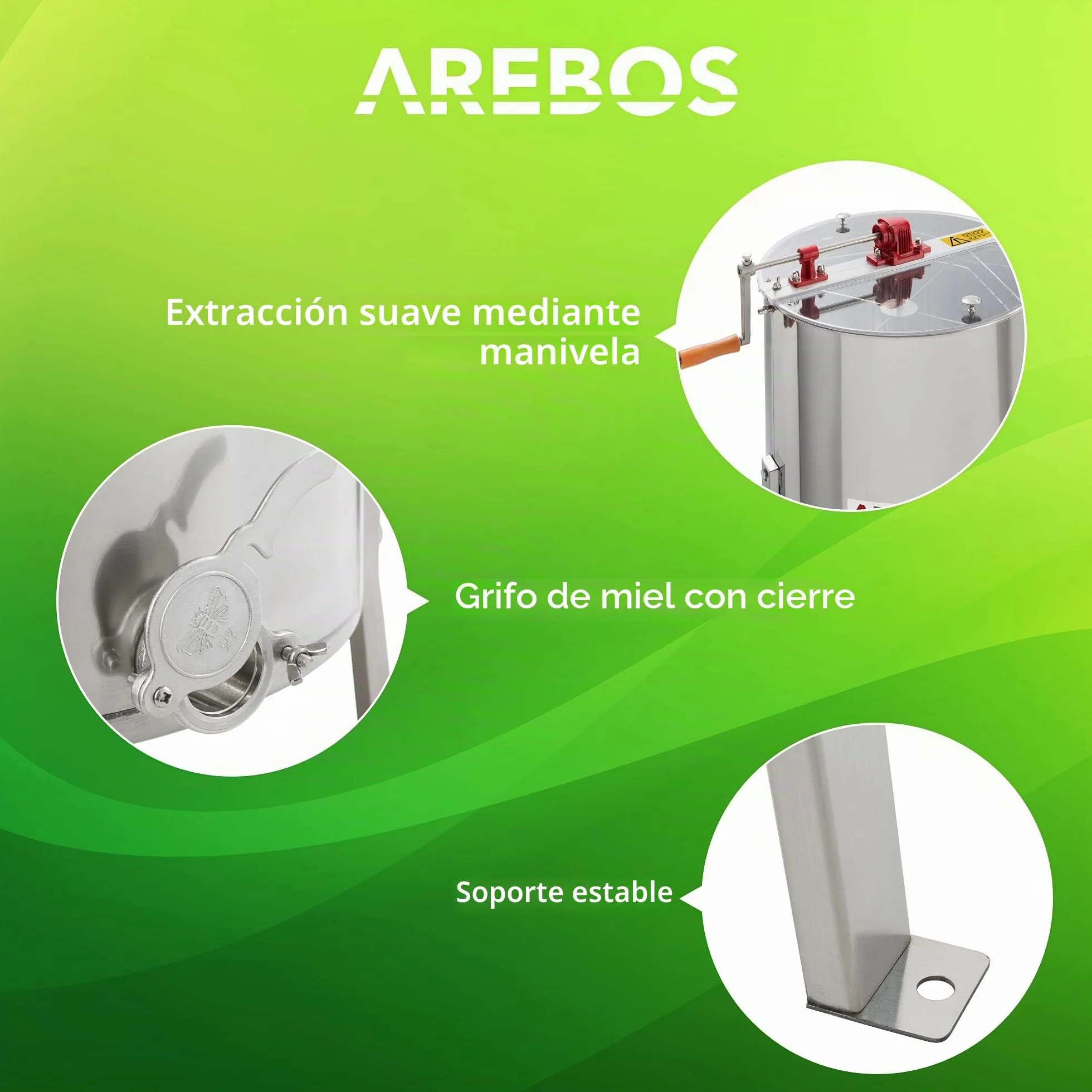 Arebos Extractor manual de miel Premium | 4 marcos para panales | Extractor tangencial de acero inoxidable | Extractor de miel con tapa | Accesorios para apicultura y apicultores