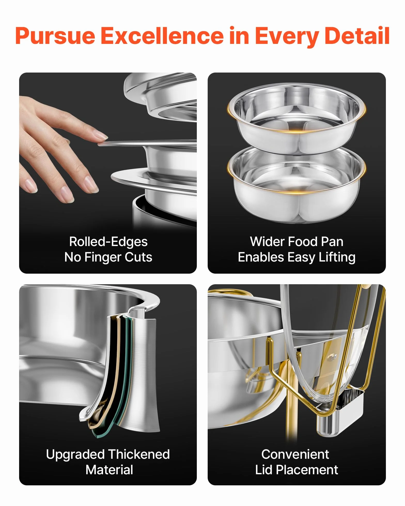 VEVOR Calentador de Alimentos para Bufé 4 Recipientes 4,7 L Redondo Tapa de Cristal Bandeja de Agua Soporte Plegable Dorado