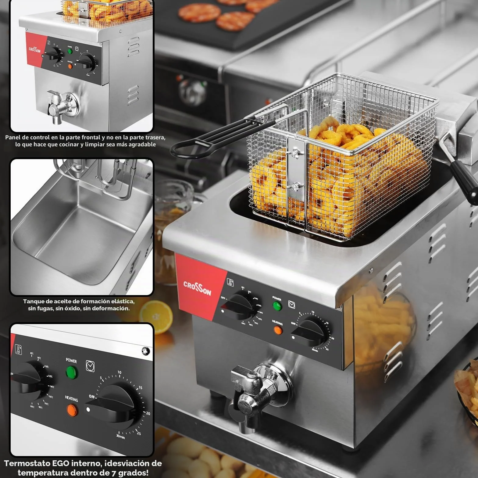CROSSON Freidora Eléctrica Comercial 8L,3250W Freidora Aceite Profesional de Acero Inoxidable con Sistema de Desagüe, Temperatura Ajustable,para Aros de Cebolla Pollo Papas Fritas
