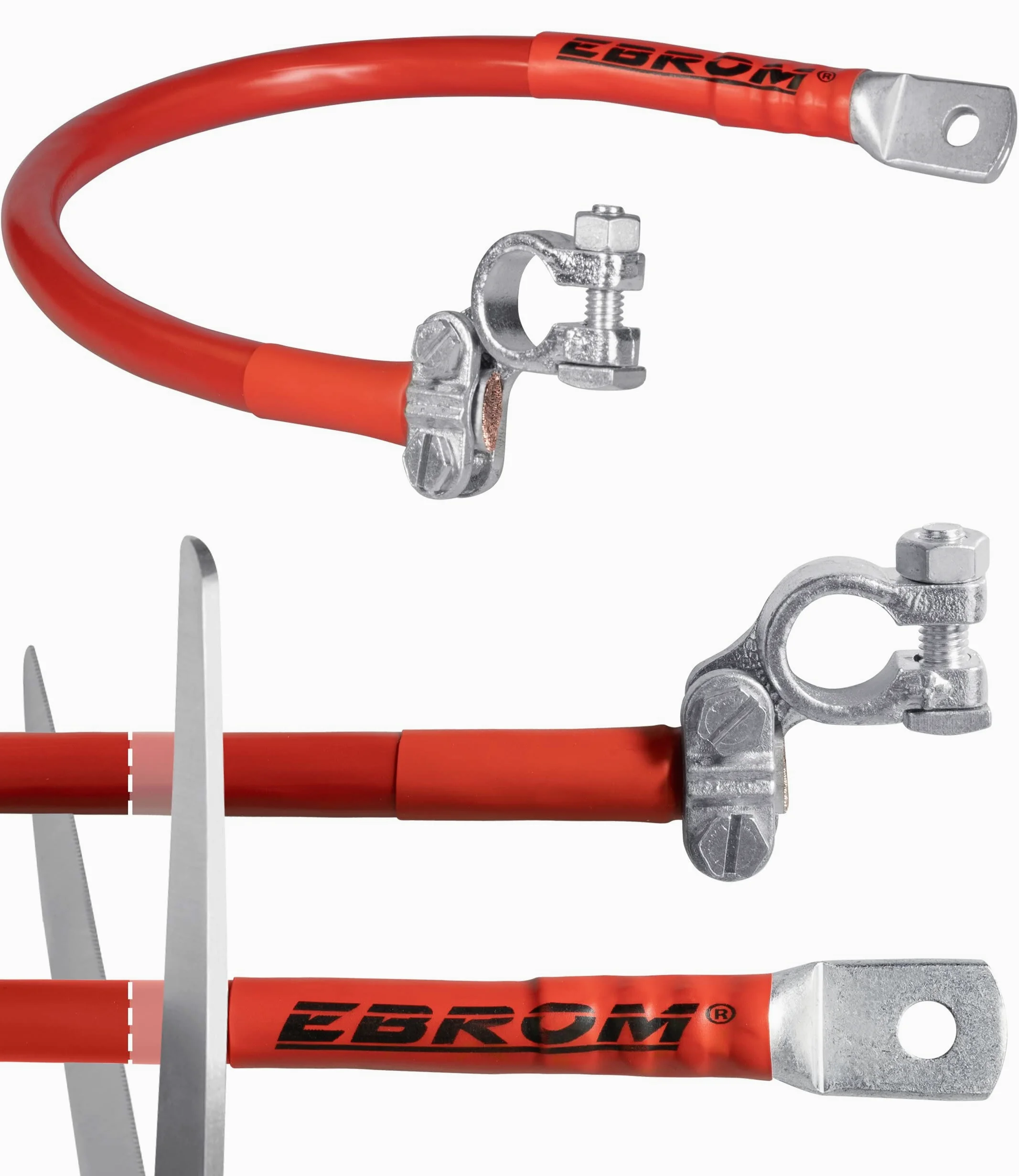 EBROM Cable de batería, cable de coche con terminal (+) conexión derecha, 50 mm² rojo, ya confeccionado + tubo termorretráctil, ojales/terminales de cable M6/M8/M10/M12/sin