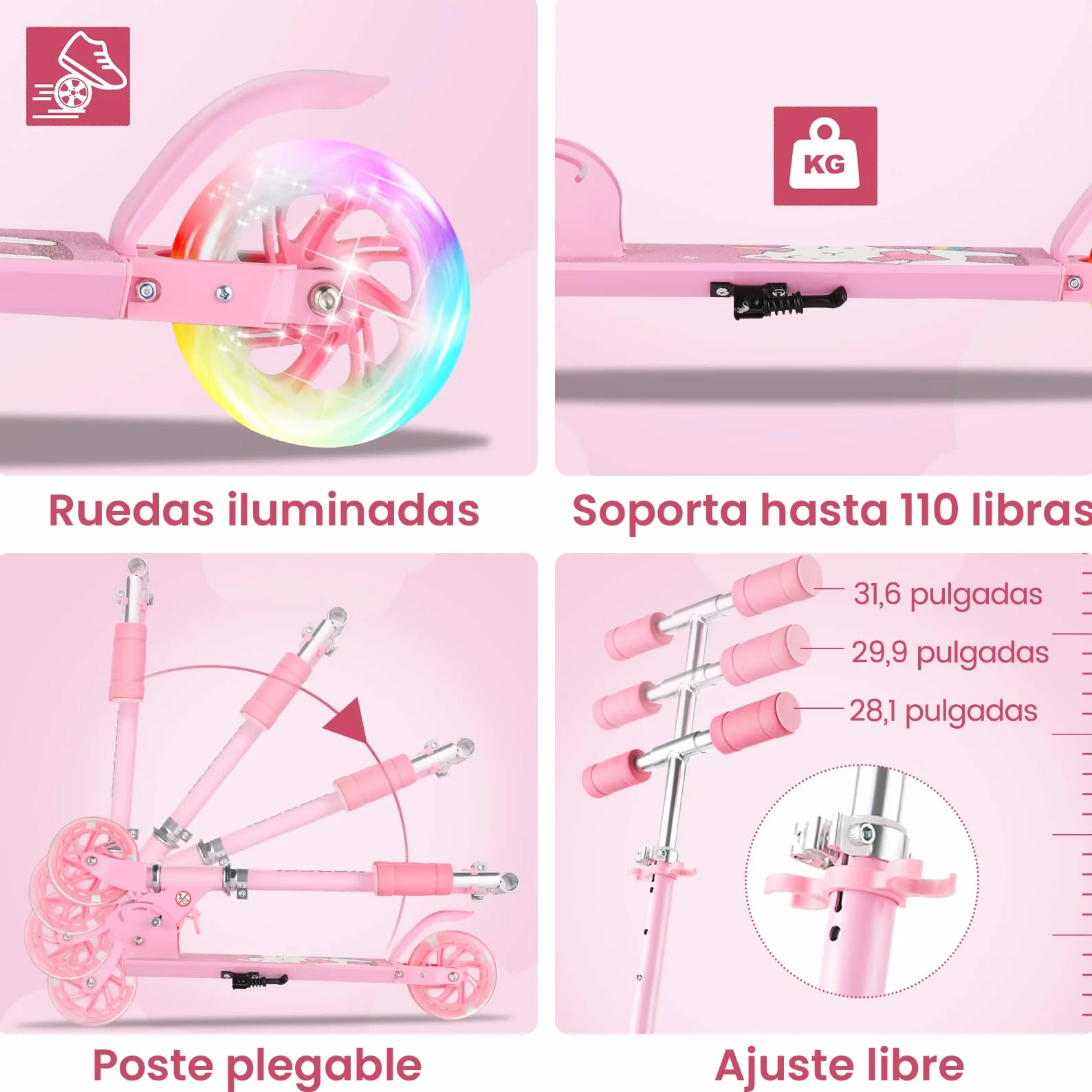 Patinetes para niños 3-8 años Plegable Aluminio Ligero 3 Niveles 28-31.6 Pulgadas Ruedas Poliuretano Suaves