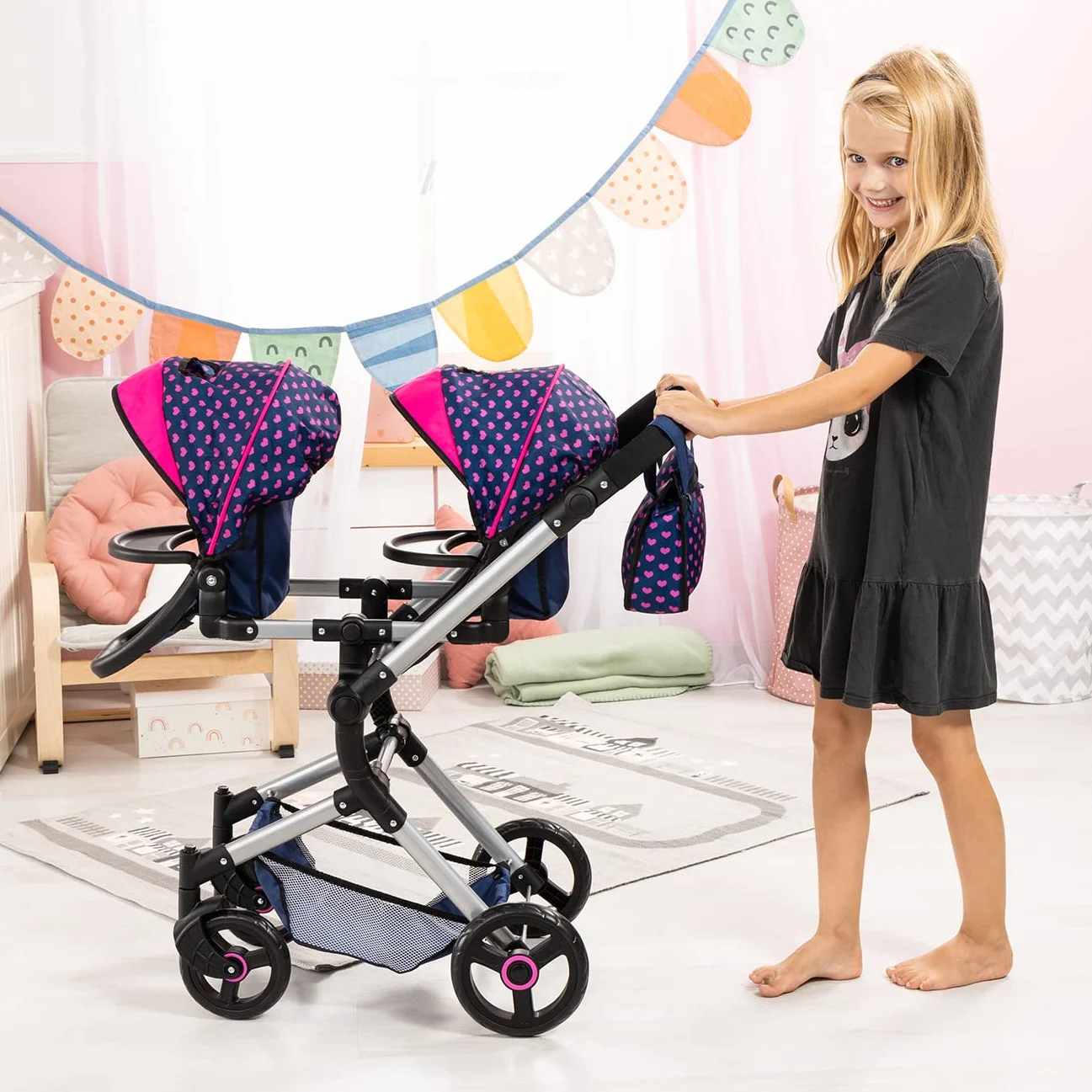 Bayer Design Cochecito de Muñeca Gemelas, Carrito Paseo Ajustable en Altura, Plegable, Azul Unicornio Corazones