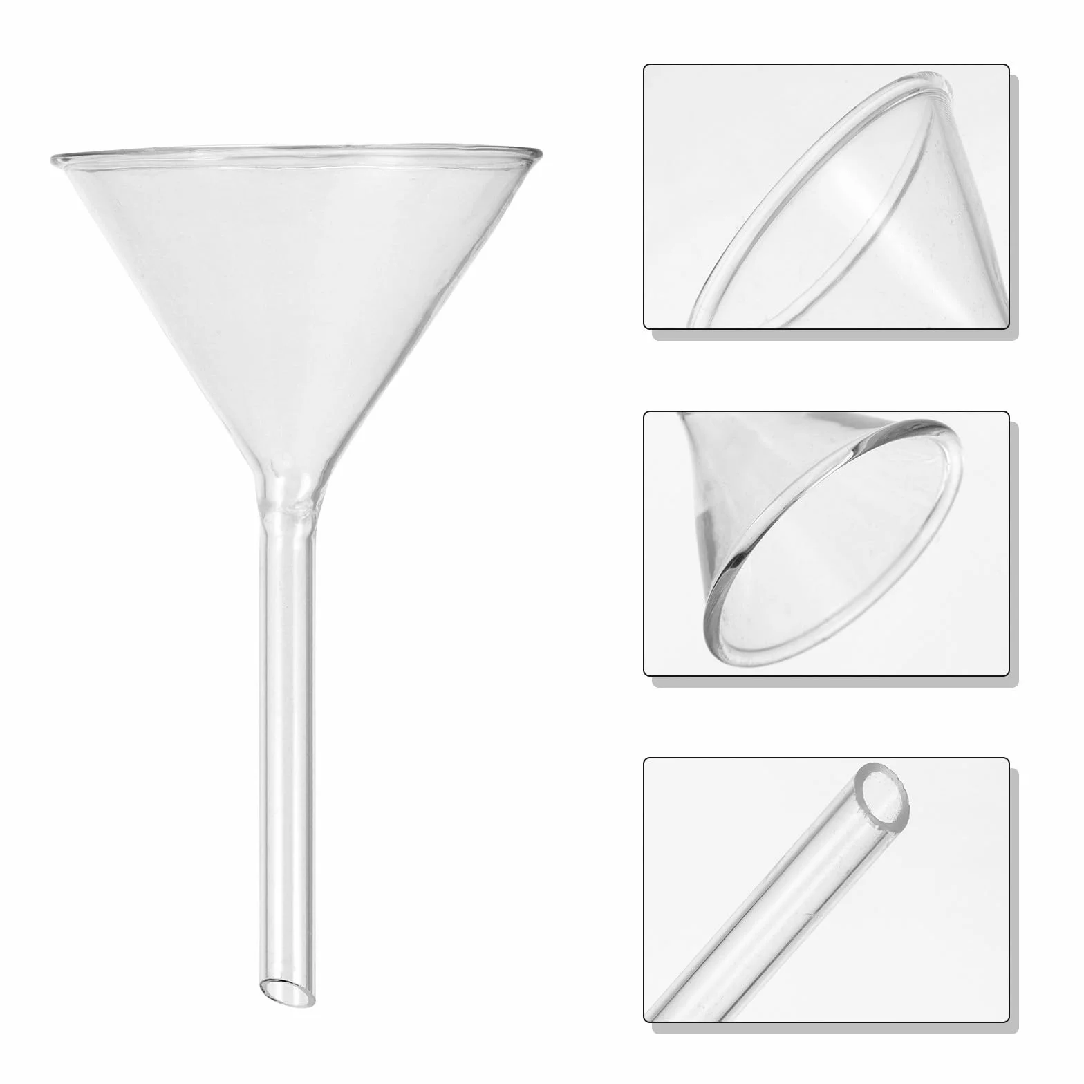 Set de 4 Embudos de Vidrio de Cuello Corto y Forma Triangular, Construidos en Borosilicato Resistente, Diseñados para Uso en Laboratorios y Transferencia de Líquidos en Botellas