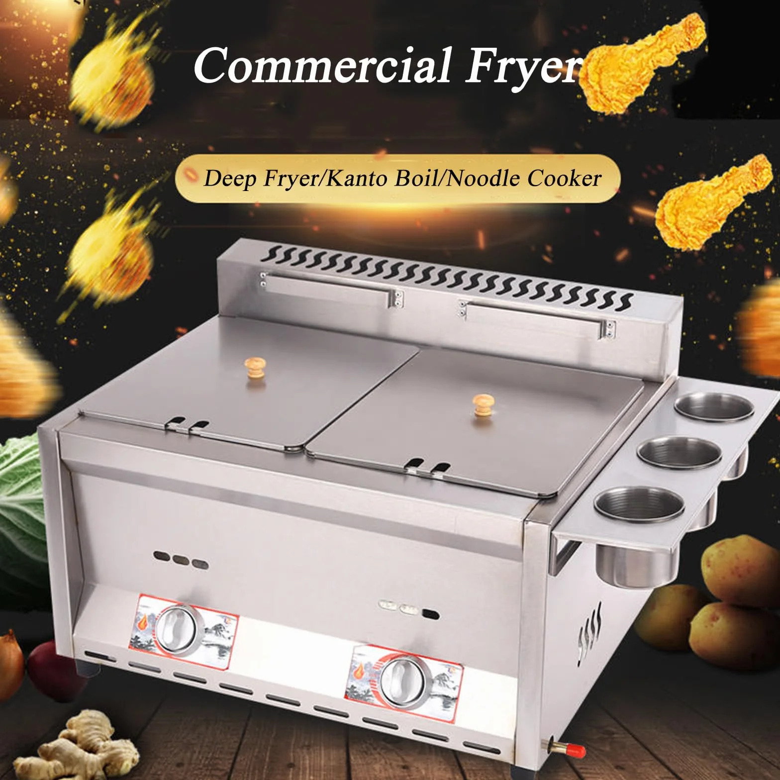 Freidora de gas, freidora de gas profesional de acero inoxidable comercial con cesta y tapa, Freidora 2x8L Doble Tanque para encimera de restaurante comercial Máquina